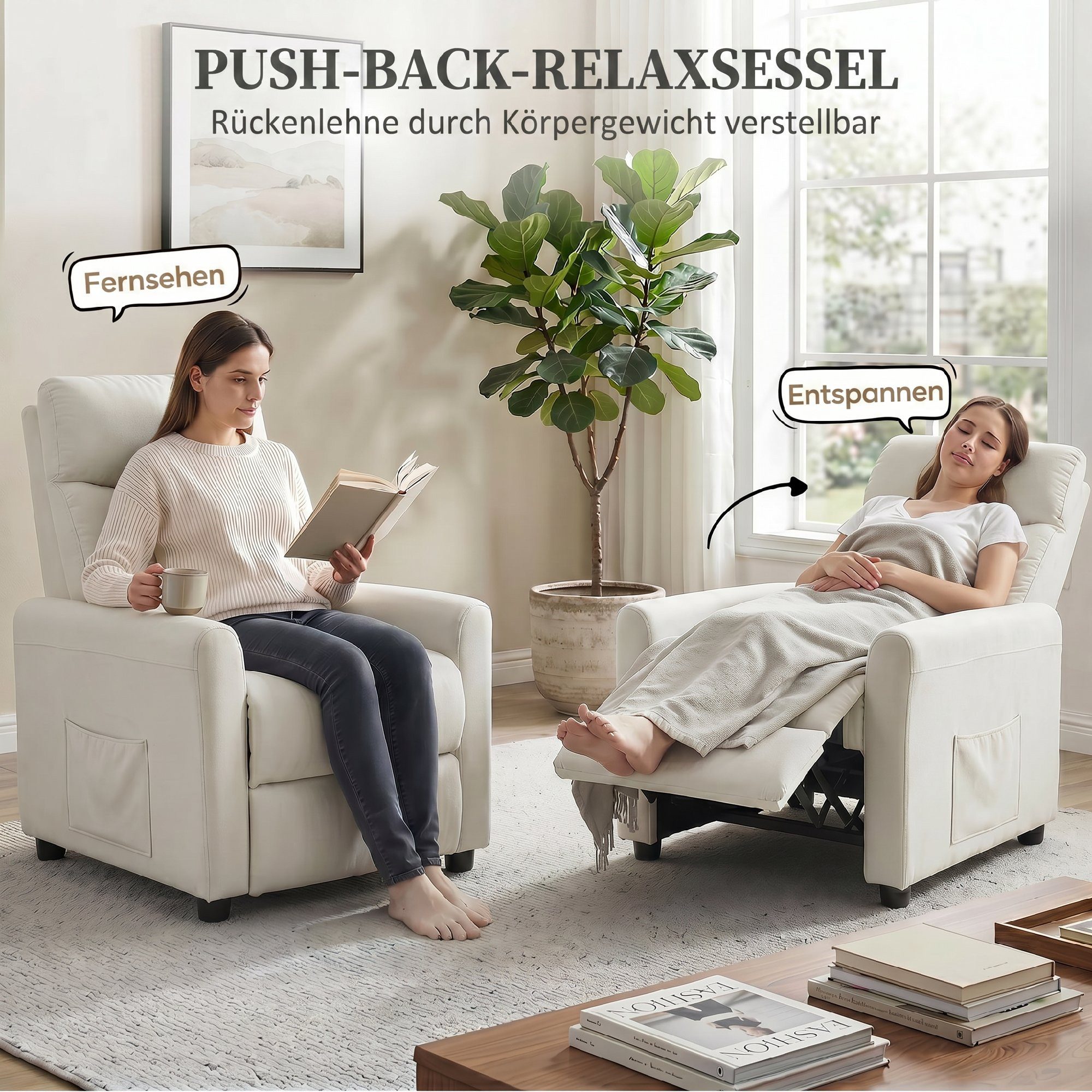 HOMCOM Relaxsessel Fernsehessel mit Liegefunktion, TV Sessel mit Taschenfedern (Set, 1-St., 1), 135° Liegefunktion, Seitenfächer, 5-Min.-Aufbau – Bild 4 von 5