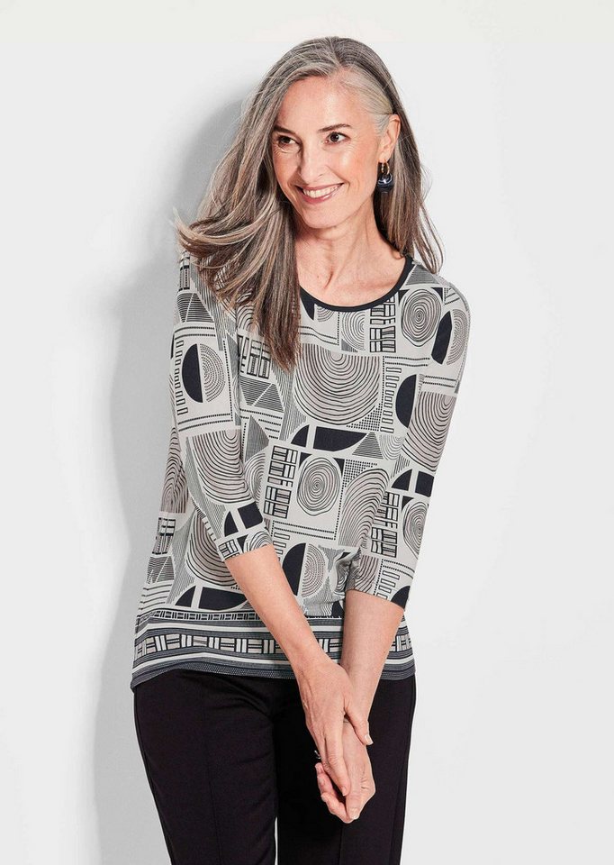 GOLDNER T-Shirt Elegantes Oberteil mit Allover-Muster Modisches Halbarm Shirt mit U-Boot-Ausschnitt