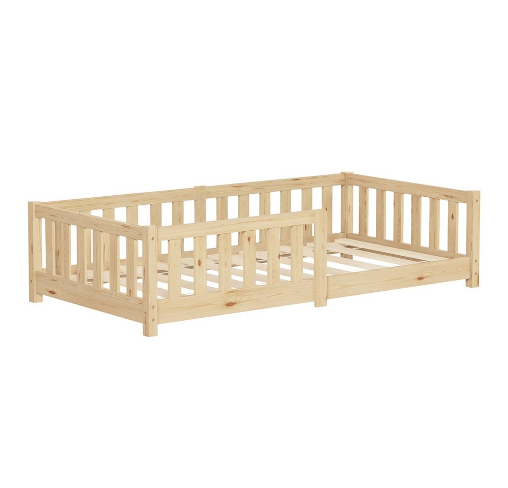 ML-DESIGN Spielbett Bodenbett Holzbett mit Lattenrost & Rausfallschutz Jugendbett Babybett, Abenteuerbett 80x160cm Natur Kinderbett Bettgestell ohne Matratze