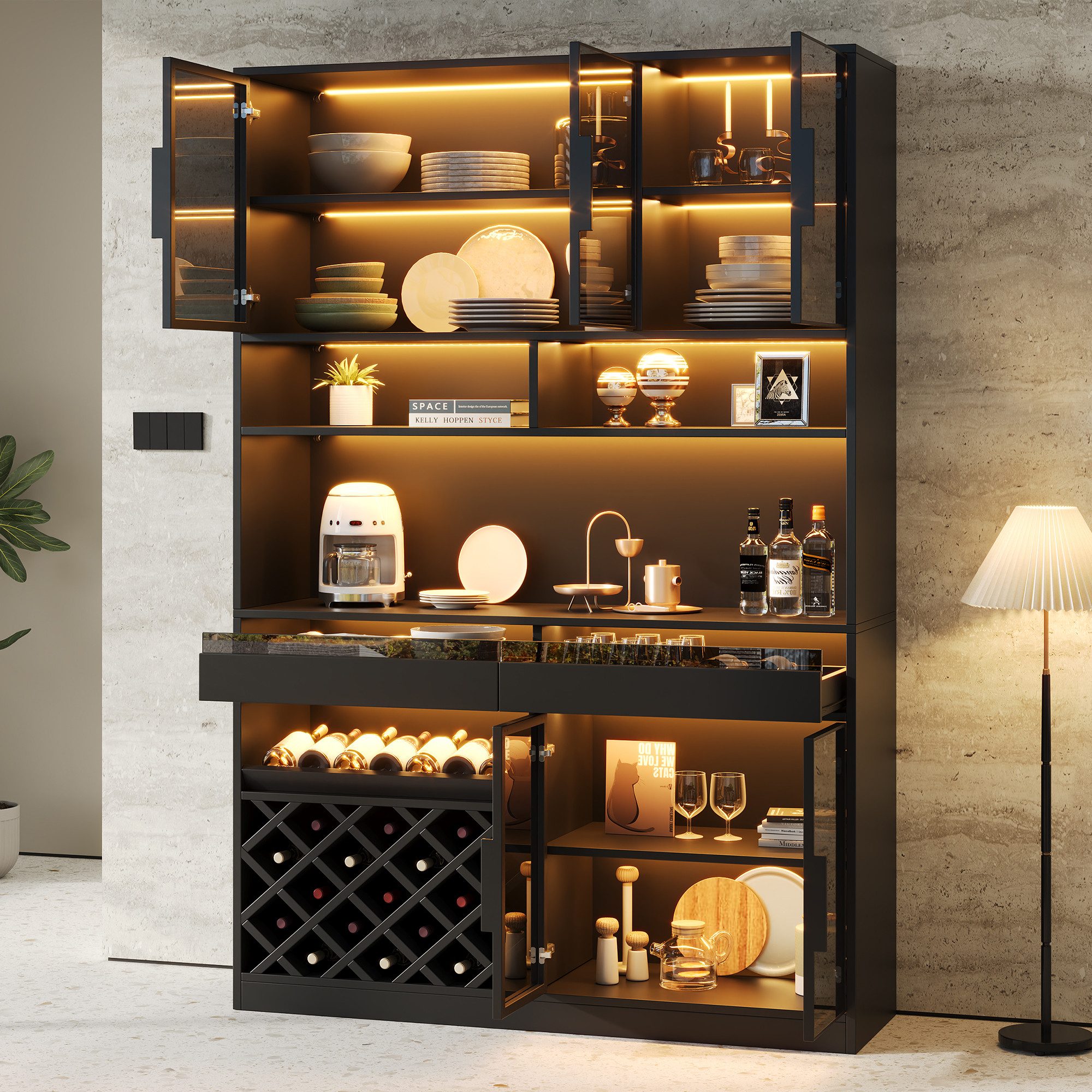 Flieks Küchenbuffet Hochschrank Glasvitrine mit LED-Beleuchtung, 5 Glastüren, Weinregal (B120×T38×H200 cm, 1-St) Multifunktionsschrank Küchenschrank Vitrine Wohnzimmer Schwarz