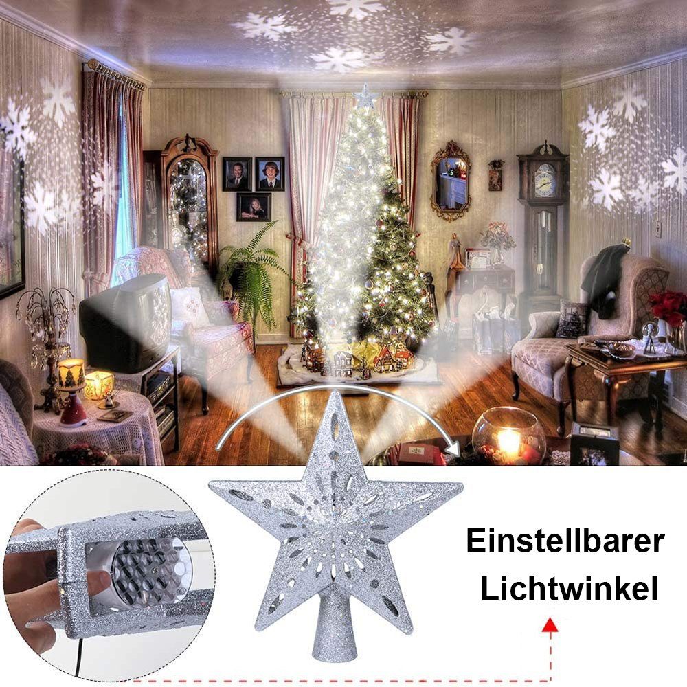 Jibenhome Christbaumspitze Schneeflockenprojektor Stern Baumspitze Christbaumspitze, Stecker, Schneeflocken-Projektionslampe für Tannenbaum Weihnachtsbaumschmuc – Bild 3 von 5