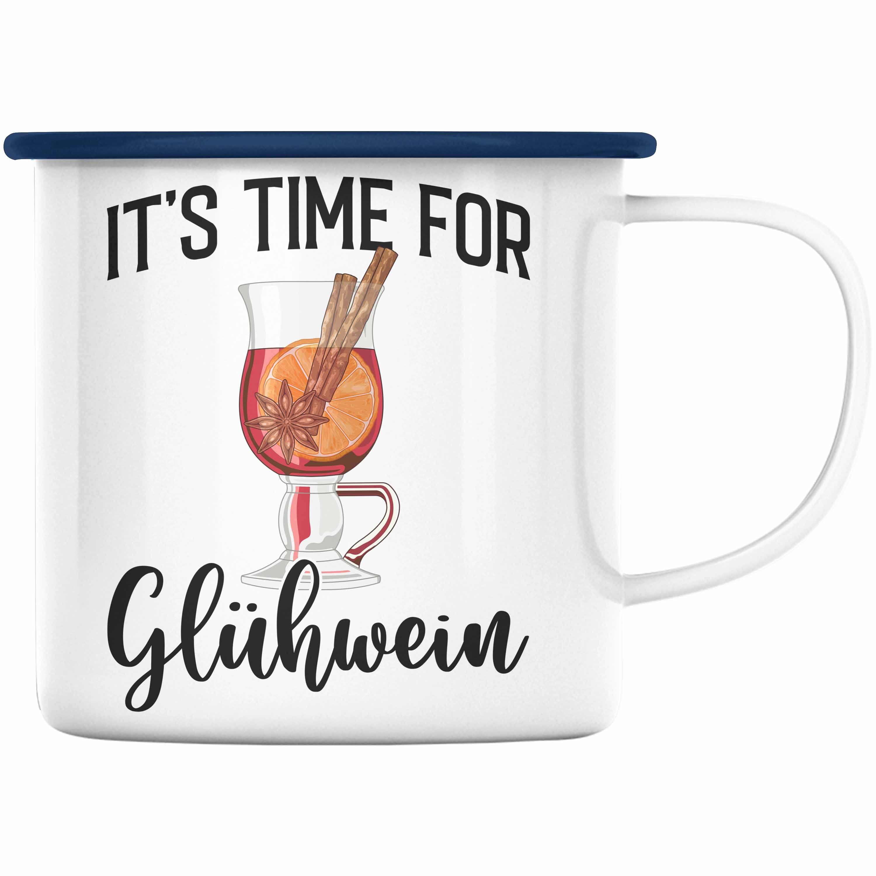 Trendation Thermotasse Trendation - Glühwein Emaille Tasse Lustig Spruch Glühweinbecher mit Henkel Doppelwandig GlühweinEmaille Tassen Gläser Weihnachtsmarkt Becher Emaille Tassen Geschenk - It Time For Glühwien Blau