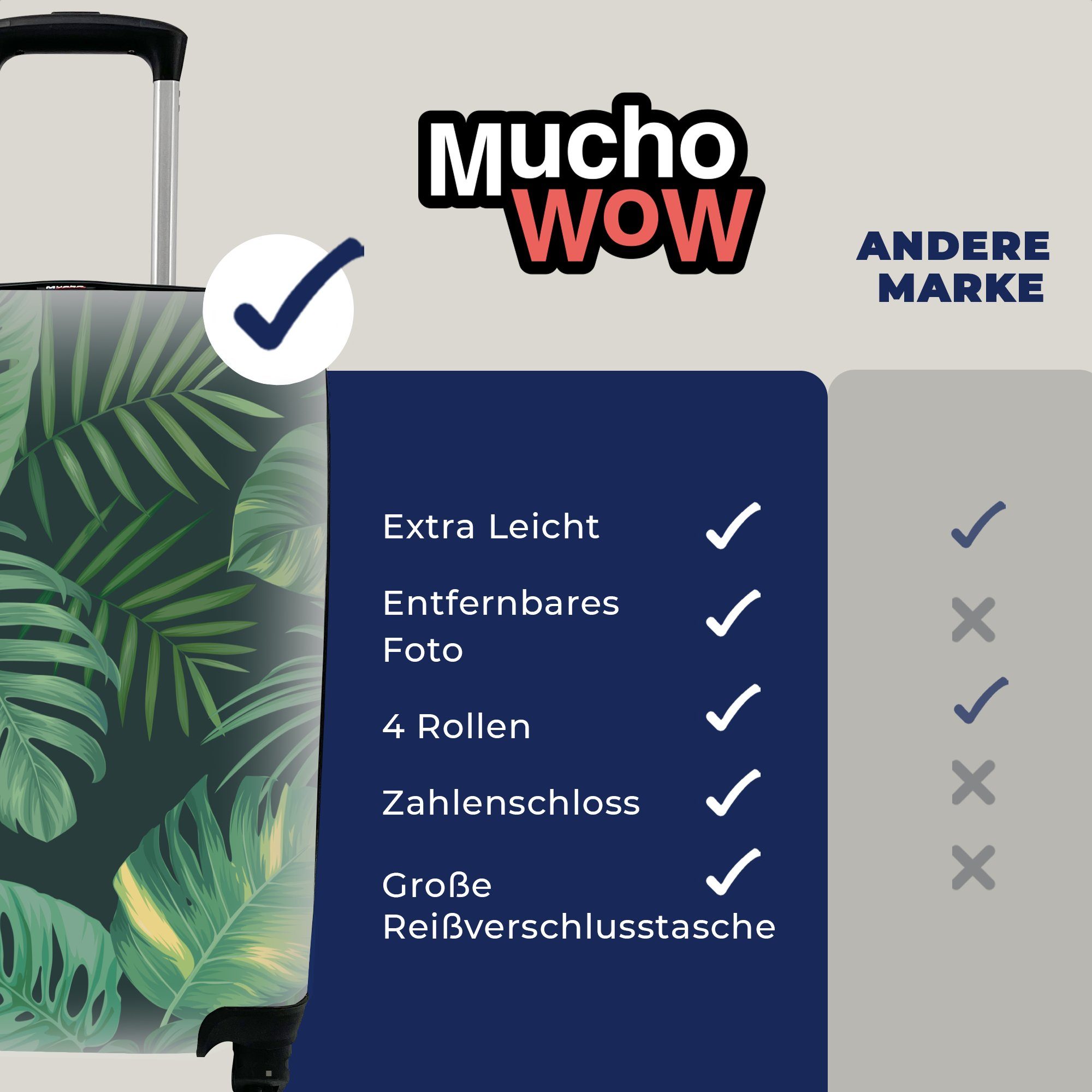 4 Muster - - mit Reisekoffer Ferien, - rollen, Pflanzen Mädchen Jungen - Reisetasche Tropische Rollen, Kinder, - MuchoWow Handgepäckkoffer Handgepäck Dschungel Trolley, für