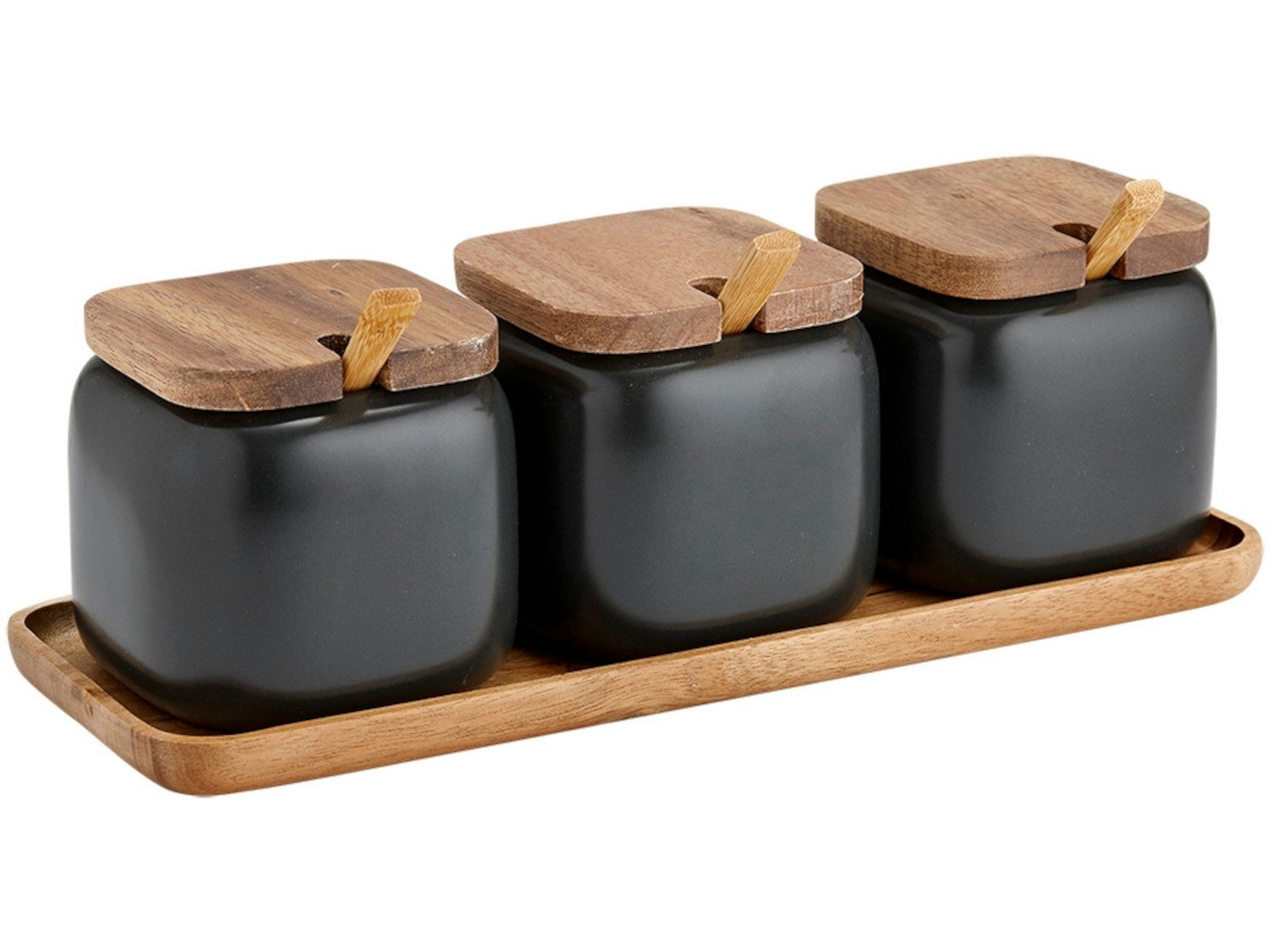 Ladelle Vorratsdose ESSENTIALS Dosen- & Löffel-Set anthrazit, Porzellan / Akazienholz