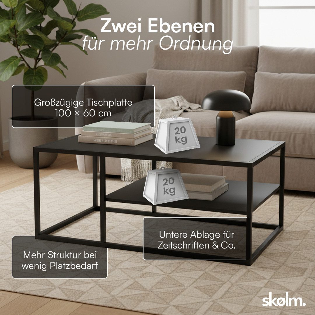 skølm Couchtisch Skadi aus Metall mit 2 Ablagen (Schwarz), Wohnzimmertisch mit verstellbaren Füßen, 45x100x60 cm (HxTxB) – Bild 4 von 5
