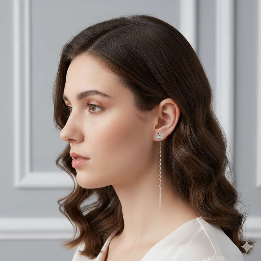 Taffstyle Ohrhänger-Set Kleeblatt Damen Ohrhänger 925 Sterling Silber mit Kette Glücksbringer (Glücksohrringe mit funkelndem Kleeblattdesign und feiner Gliederkette - Geschenkidee)