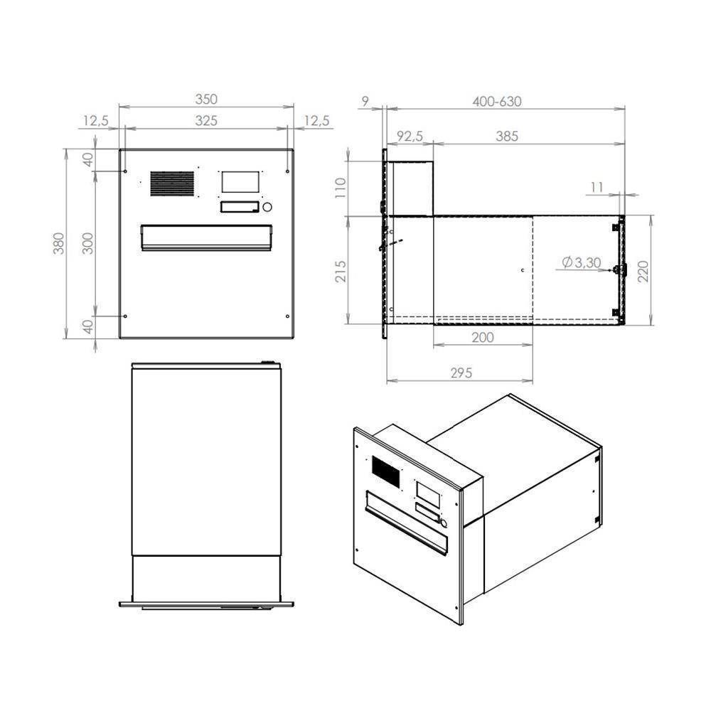 Letterbox24 Briefkasten B-242 XXL Kamera Mauerdurchwurf Briefkasten (Tiefe: 39-62 cm) (Klingel, Sprechsieb, Busch-Jäger Kamera- + Audiomodul + Systemzentrale)