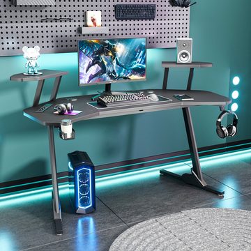 oyajia Gamingtisch Gamingtisch Gamer Tisch 160cm, Computertisch mit 2 Audioständern, Ergonomischer Schreibtisch mit Ladefunktion Kopfhörerhake Ständern