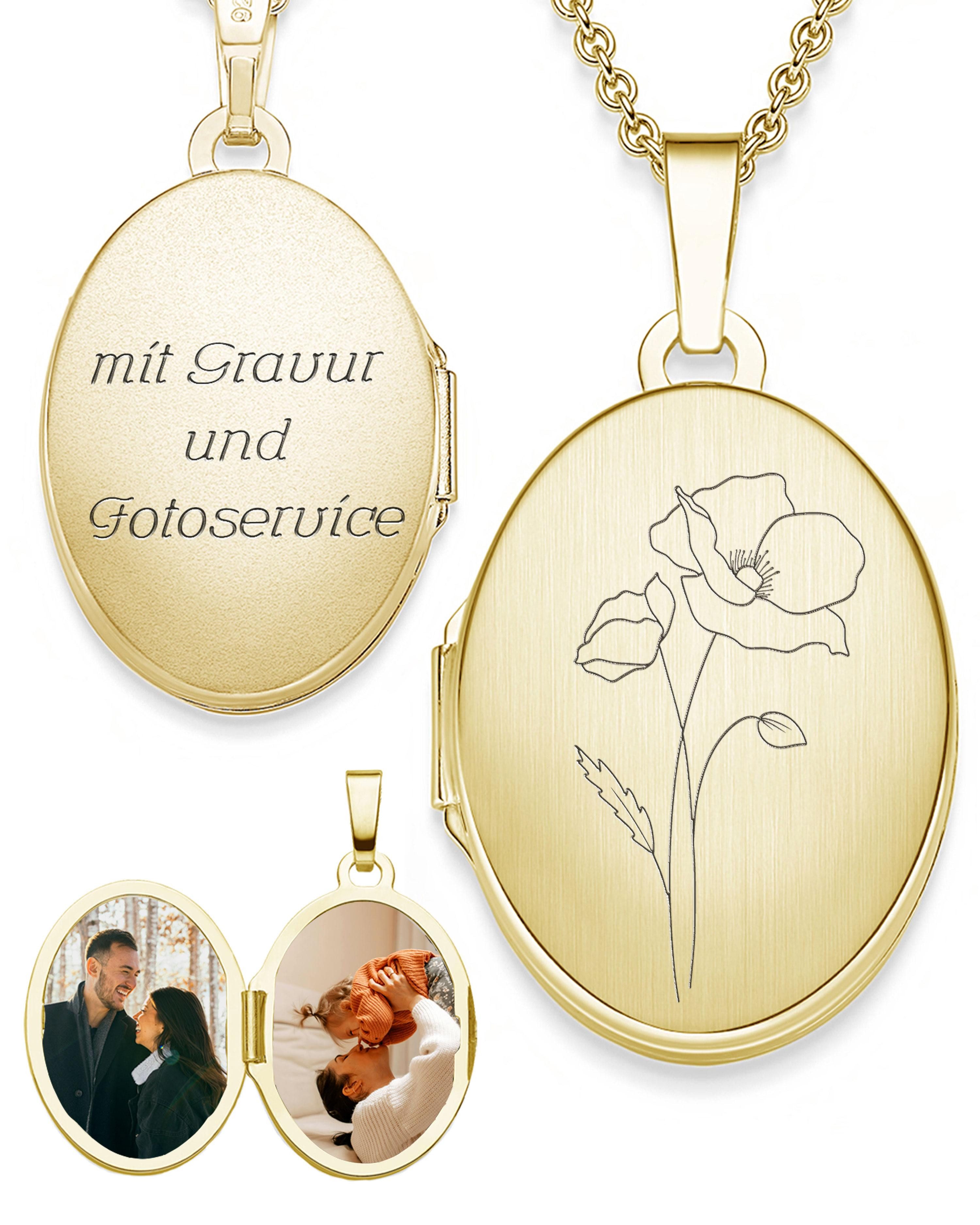 Amoonic Amulett Medaillon Oval Gravur Geburtsblume zum Öffnen für Bilder Silber 925 (inkl. Schmucktäschchen), Anhänger aufklappbar befüllbar Foto Gravur Geburtsblume August