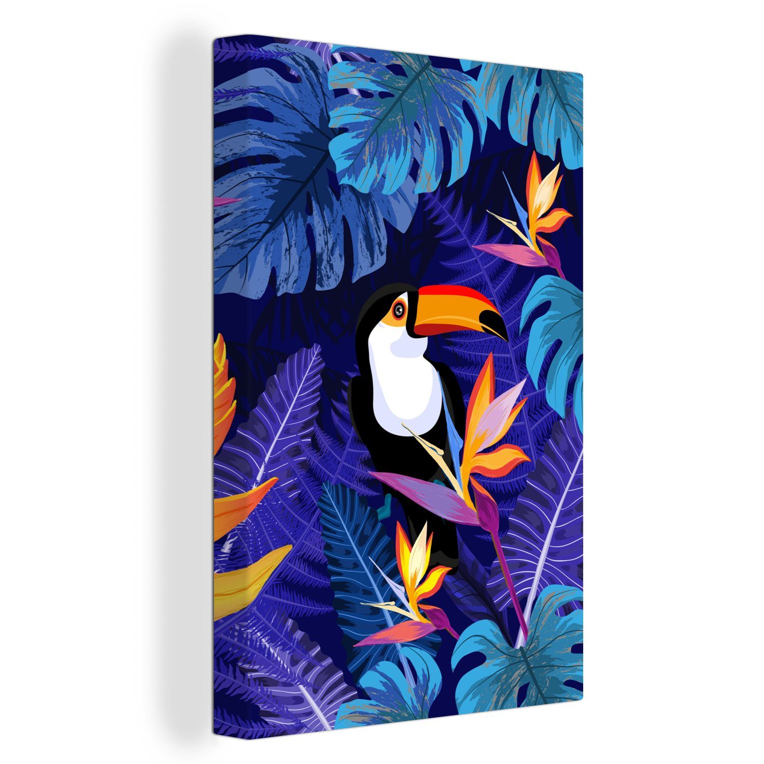 OneMillionCanvasses® Leinwandbild Dschungel - Tukan - Blumen - Pflanzen - Kinder - Lila - Tiere, Fotodruck (1 St), Leinwand Canvas Wandbild, Wanddekoration 20x30 cm