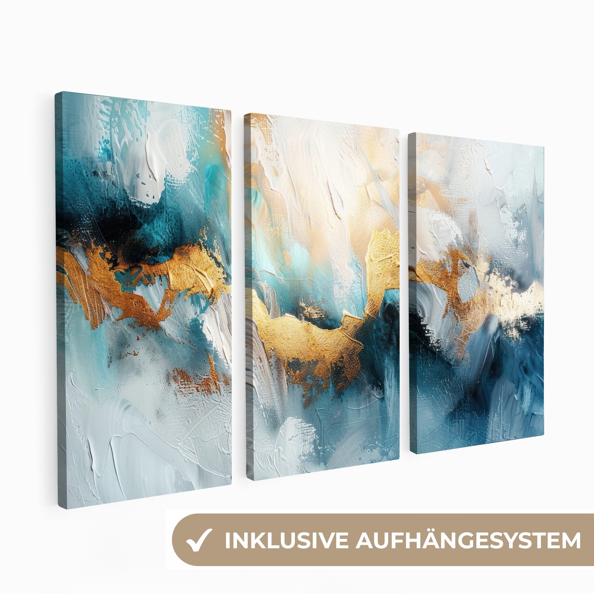 MuchoWow Leinwandbild Blau - Abstrakt - Weiß - Gold - Farbe, Fotodruck (3 S günstig online kaufen