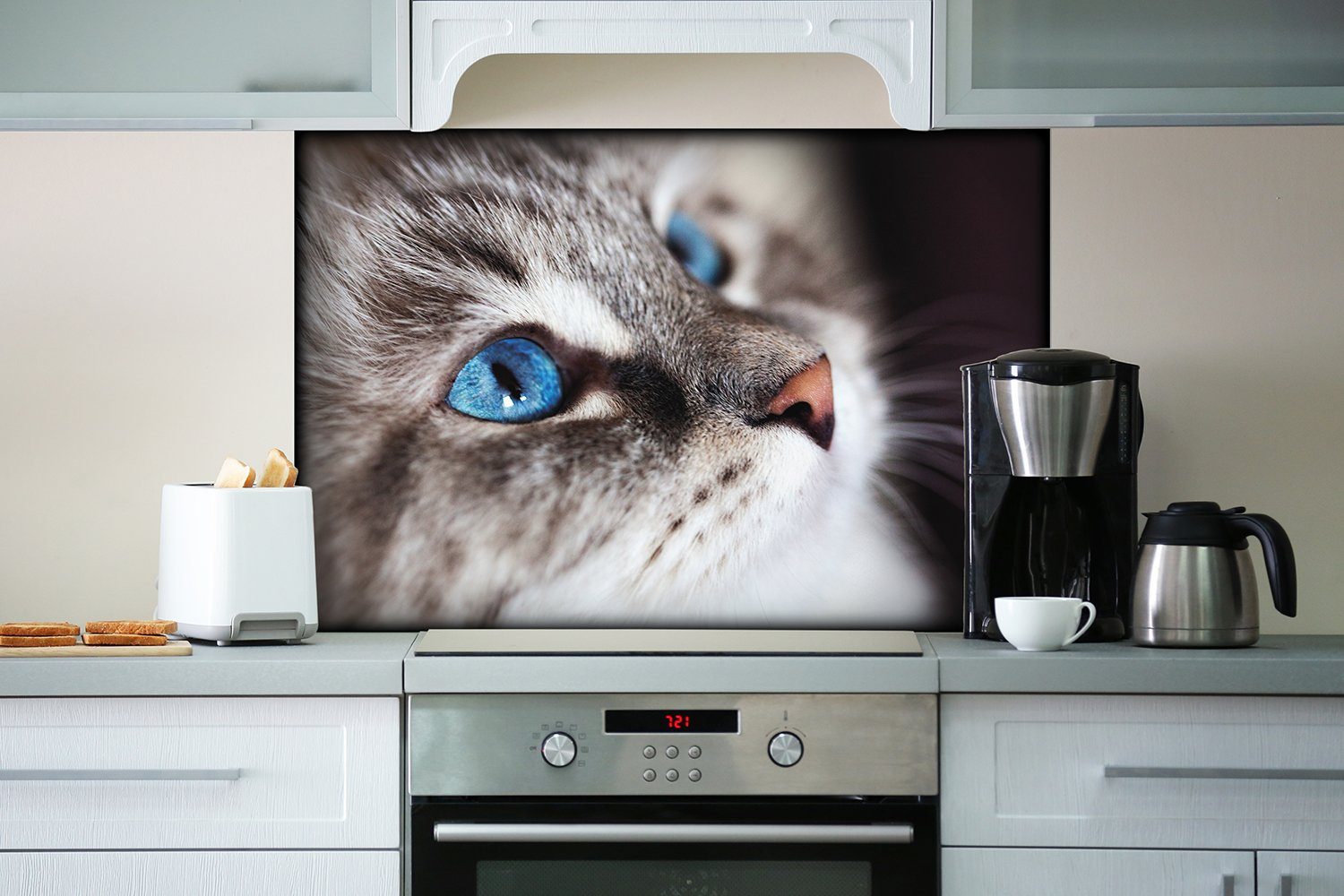Wallario Katze Augen, strahlend blauen Küchenrückwand (1-tlg) mit