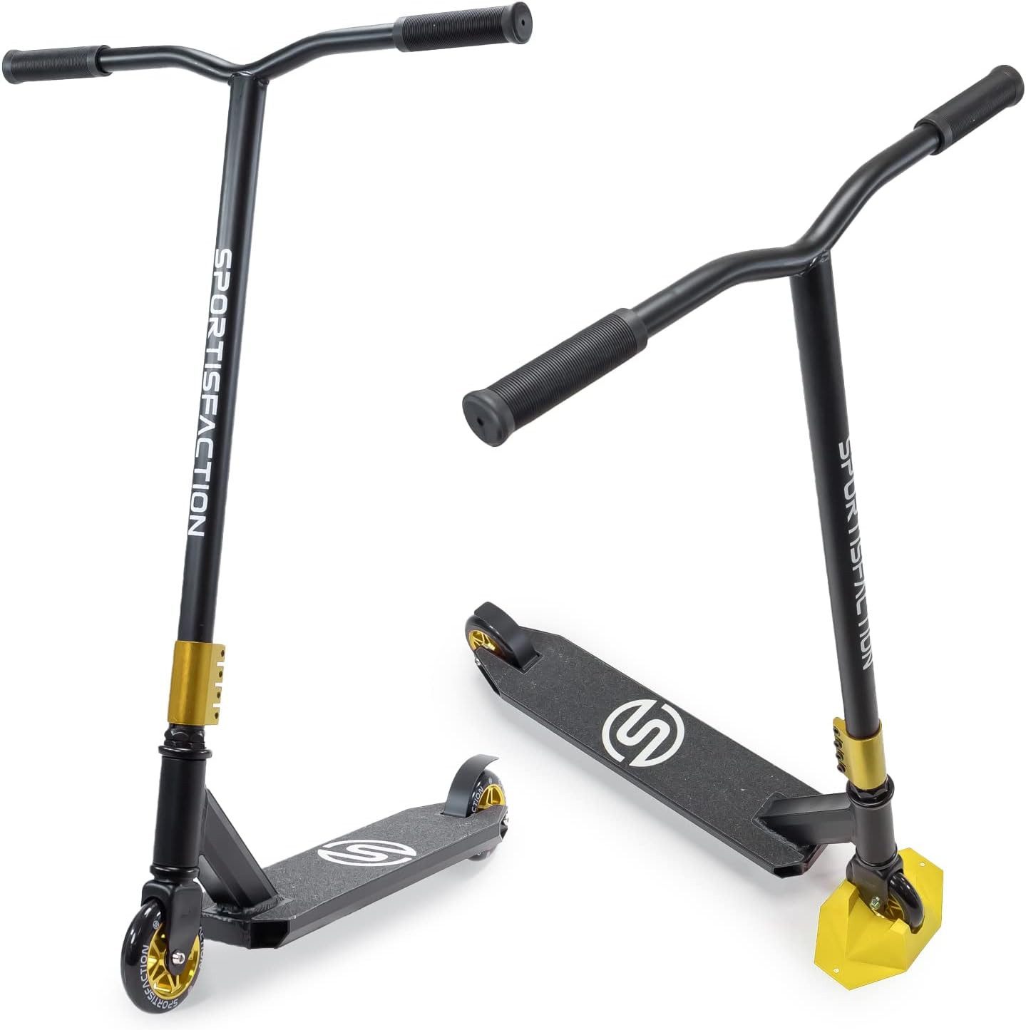 Sportisfaction Stuntscooter Stuntscooter Gold ABEC11 Kugellager 4-fach Klemme Belastbar bis 100kg, Profi Roller für Tricks & Rampen Alu-Deck 50x11cm Robustes Design