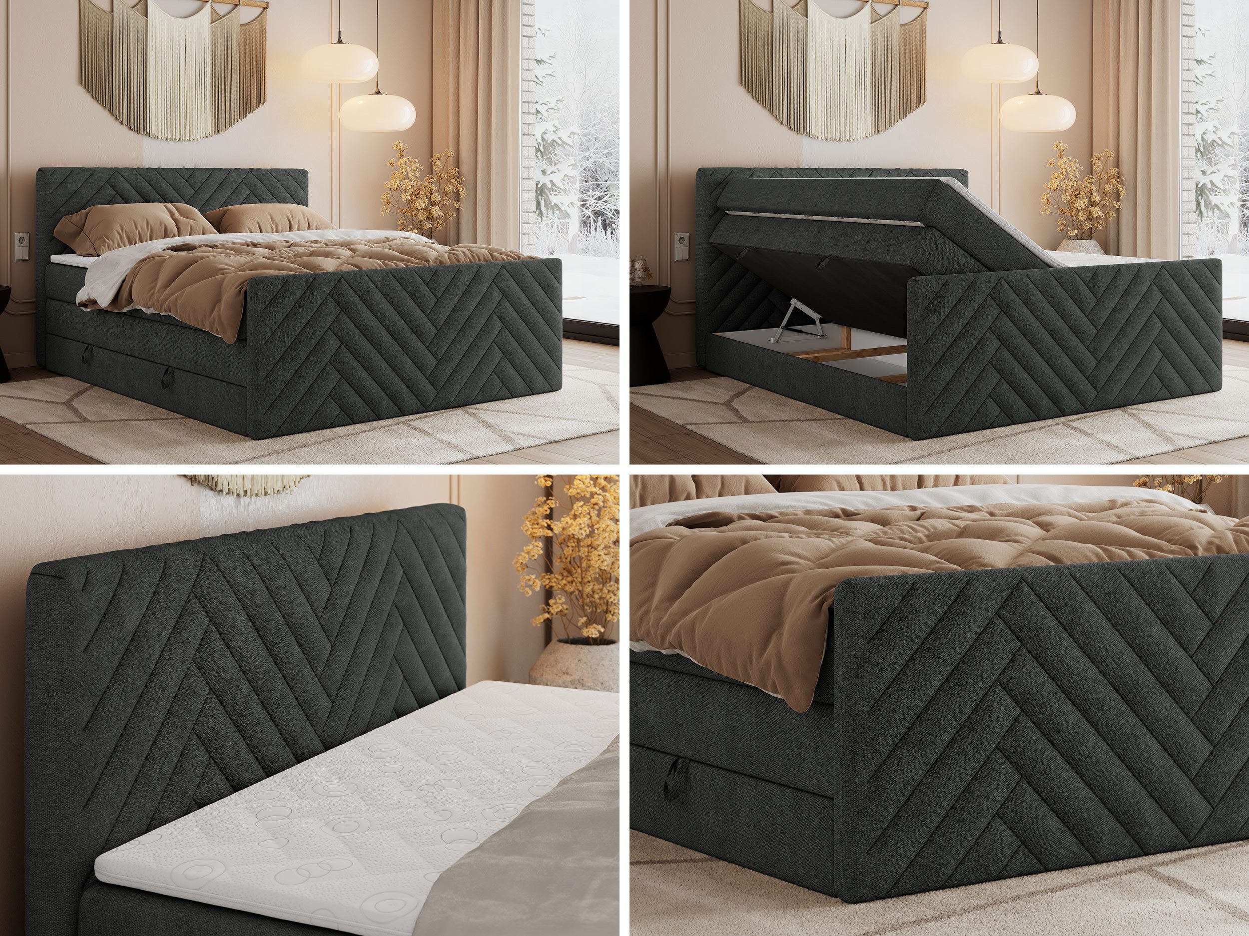 MKS MÖBEL Boxspringbett PARIS KING DUO (Packung, Set, Zwei Bettkästen, Topper T25/Visco, T30-Schaum), Boxspringbett, Fußteil, Doppelbett, Multipocket-Matratzen