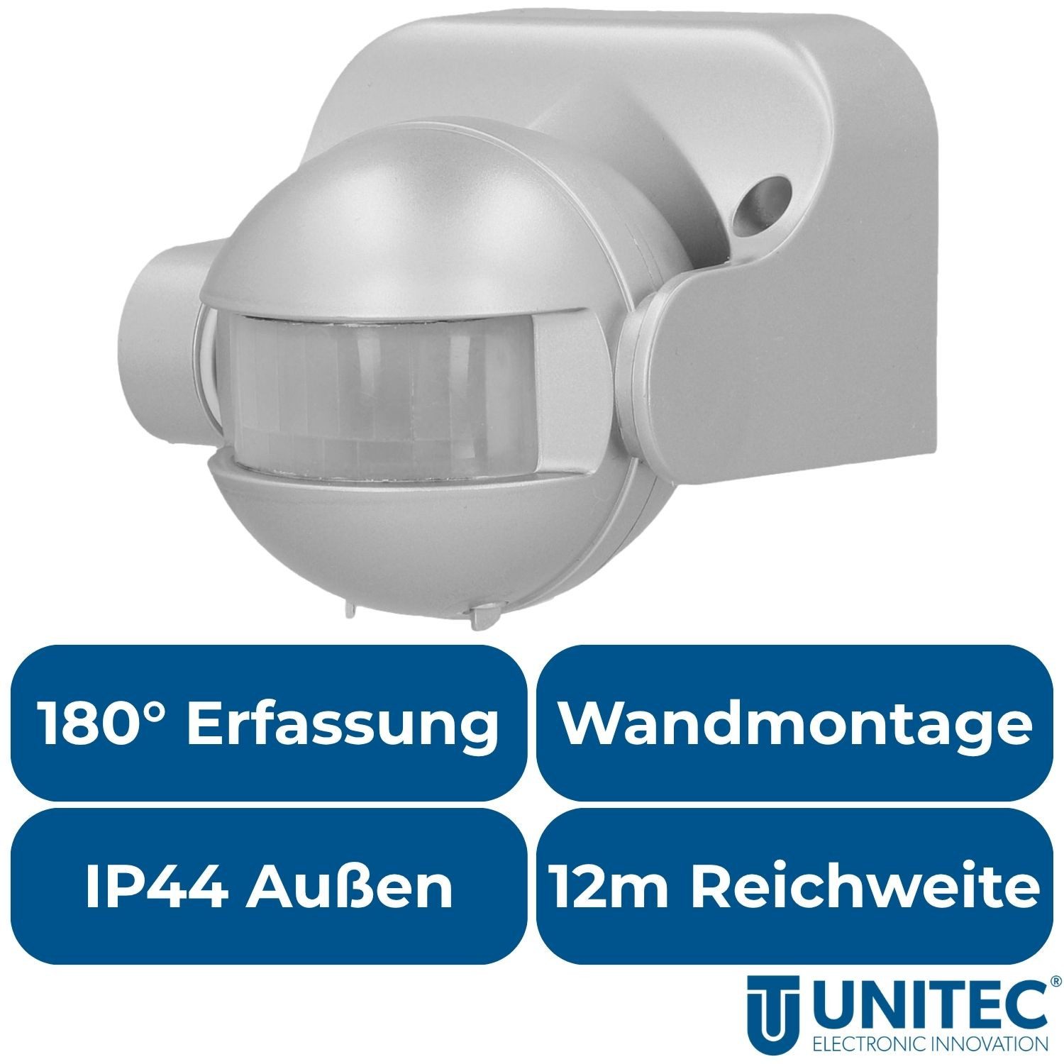 UNITEC Bewegungsmelder Infrarot Aufputz Bewegungsmelder 180° IP44 Silber, (Set, 1-St), Neigbar 12m Wand Sensor Außen Outdoor Melder Wandmontage
