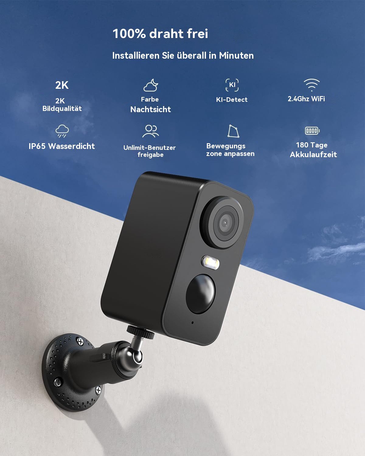 Topcony Überwachungskamera 3MP Überwachungskamera Außen/InnenAkku (Aussen, Außen/Innen, Außenbereich, drinnen, 2K Kamera Überwachung Kabellos WLAN Aussen IP Kamera Outdoor, 1-tlg., mit PIR Bewegungsmelder 2-Wege-Audio Farbige Nachtsicht Wasserdicht, Cloud/Memory Card Storage Alex 2,4 GHz)