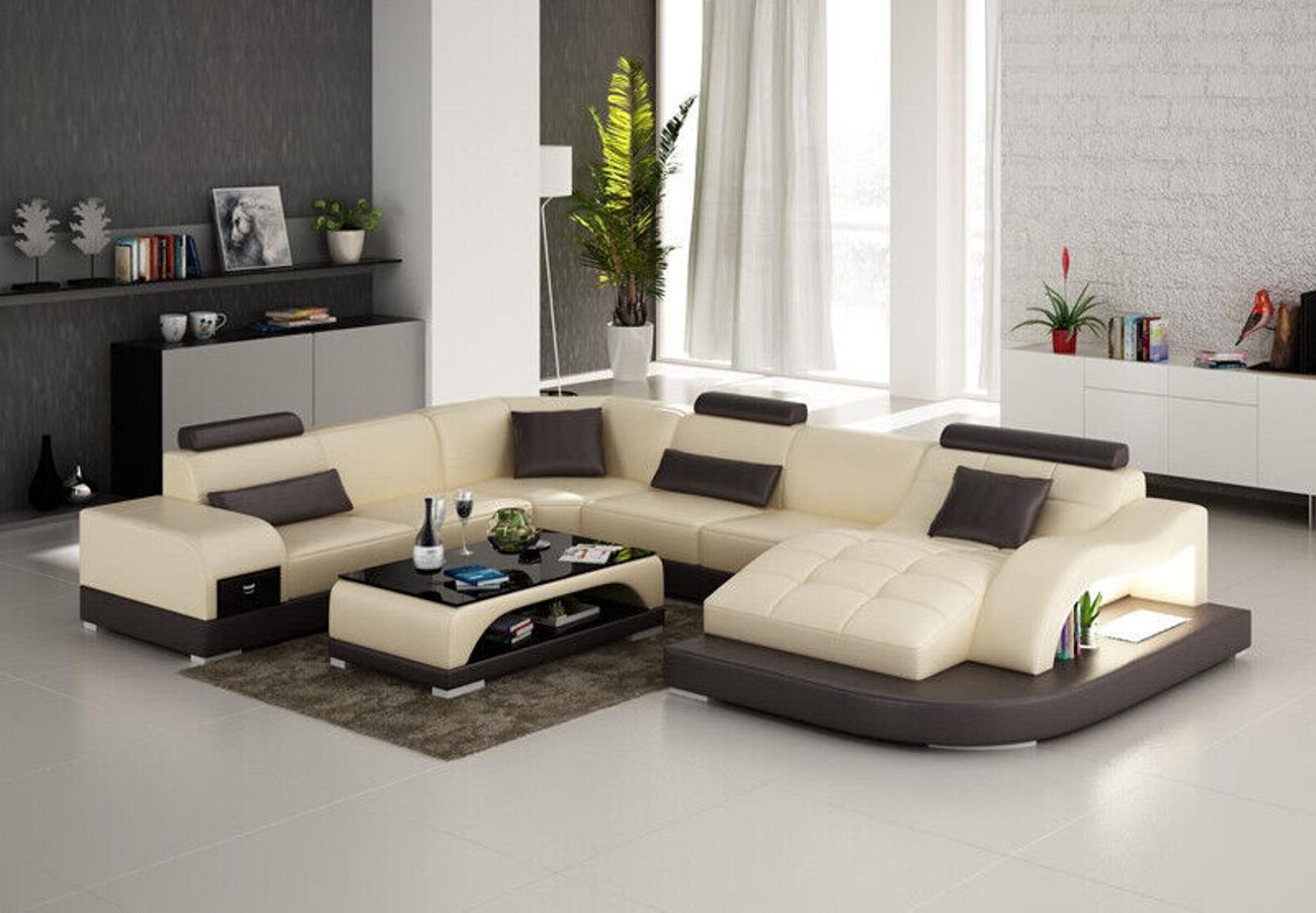 JVmoebel Ecksofa Leder Sofa mit USB Moderne Sitz Couch Design Wohnlandschaft Tisch Beige | Ecksofas