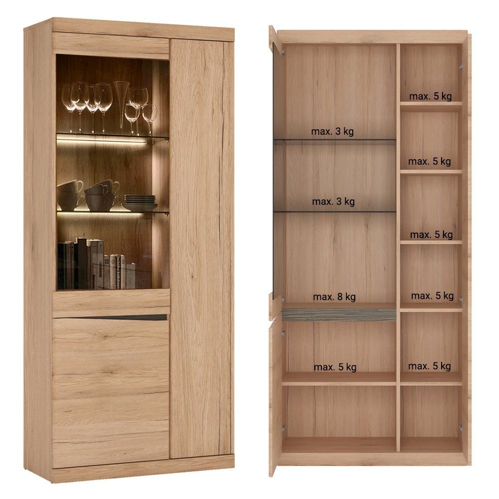 Lomadox Wohnzimmer-Set SANFORD-129, (Mega-Spar-Set, 3-St., 3-tlg), San Remo Eiche hell Nb., Vitrine, Sideboard, Wandboard, Beleuchtung