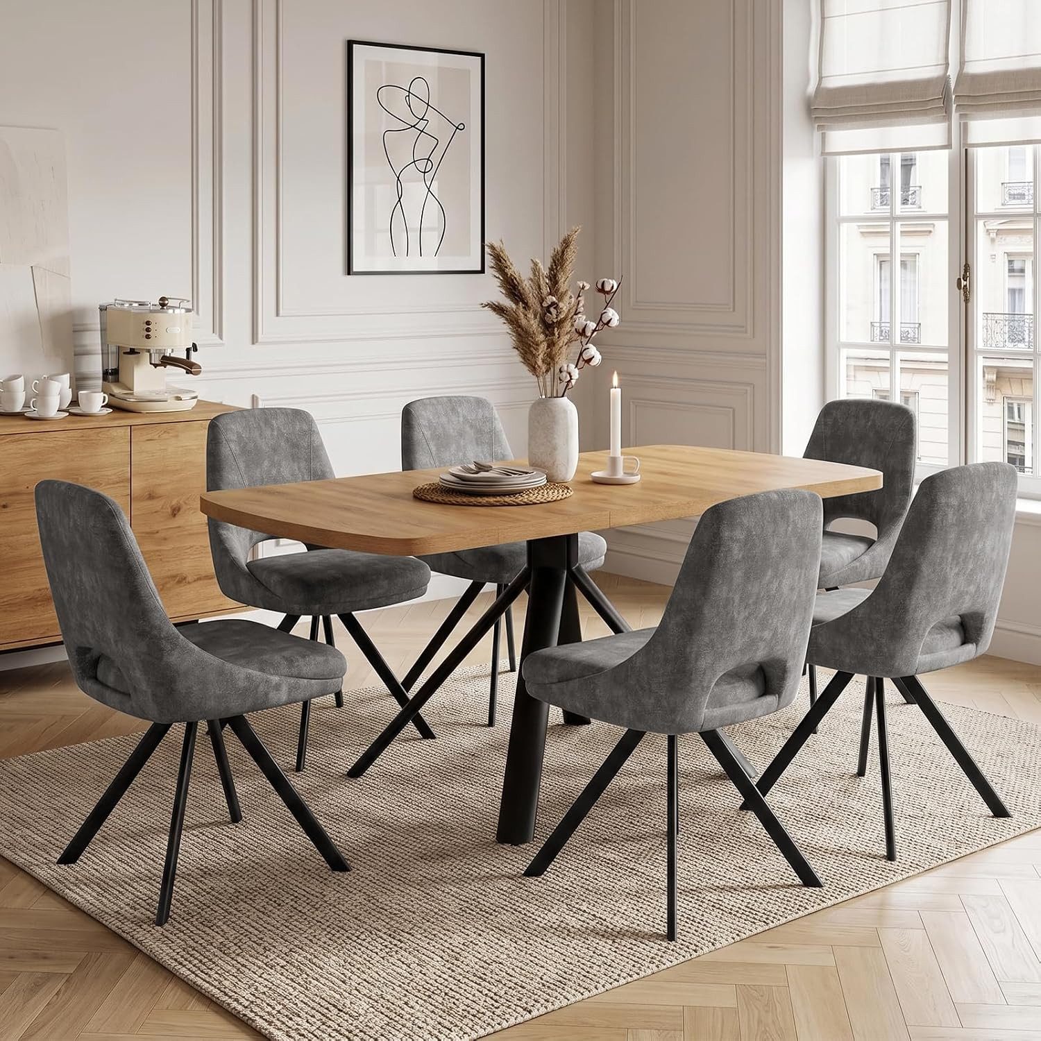Jiexi Essgruppe Ausziehbare Essgruppe, Holzoptik mit [Esstisch + 6 Graue Stühle]