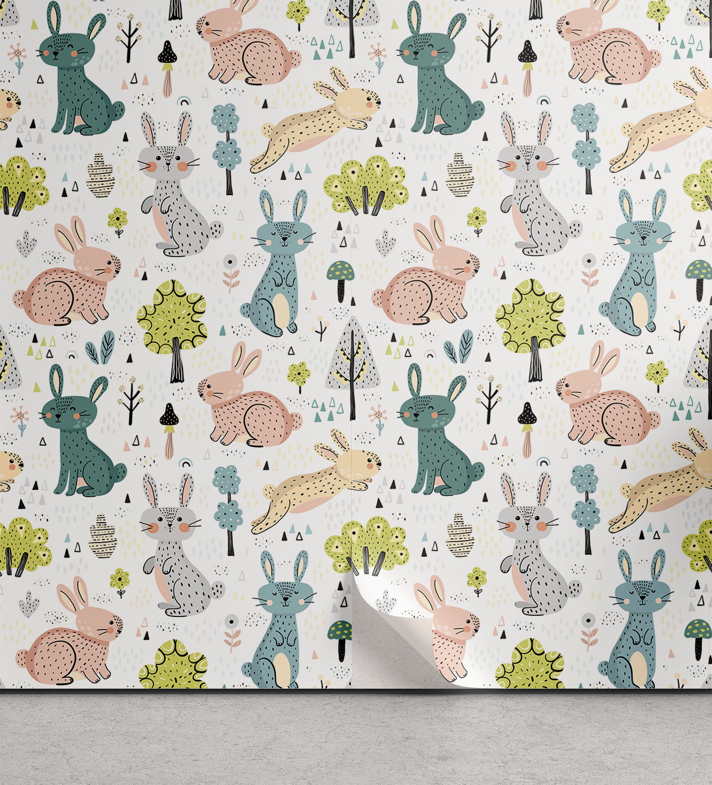 Abakuhaus Vinyltapete selbstklebendes Wohnzimmer Küchenakzent, Jungle Nursery Lustige Pastel Bunnies