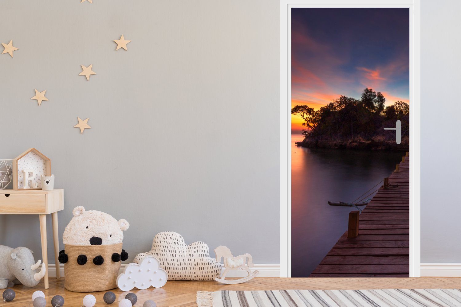 MuchoWow Türtapete Sonnenuntergang - Brücke Matt, - St), Fototapete Tür, 75x205 Wasser Insel, für bedruckt, Türaufkleber, - (1 - cm Bäume
