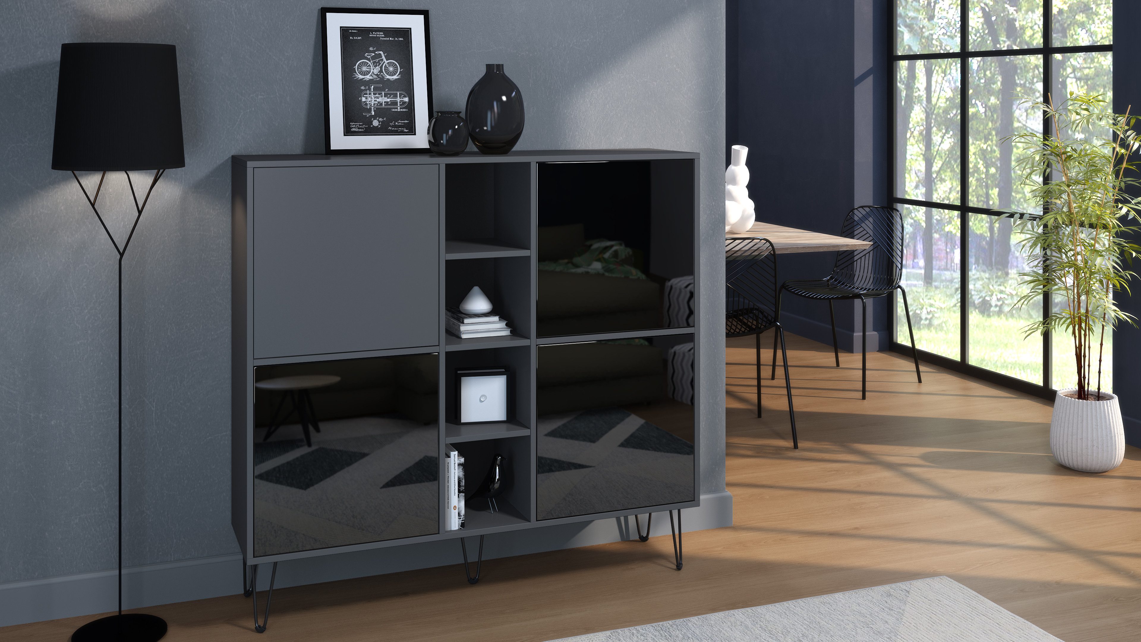 Vladon Highboard Havana V3 (Sideboard mit 4 Türen und 4 offene Fächer, Kommode Made in Germany), Anthrazit matt / Schwarz Hochglanz (130,5 x 124 x 35 cm)