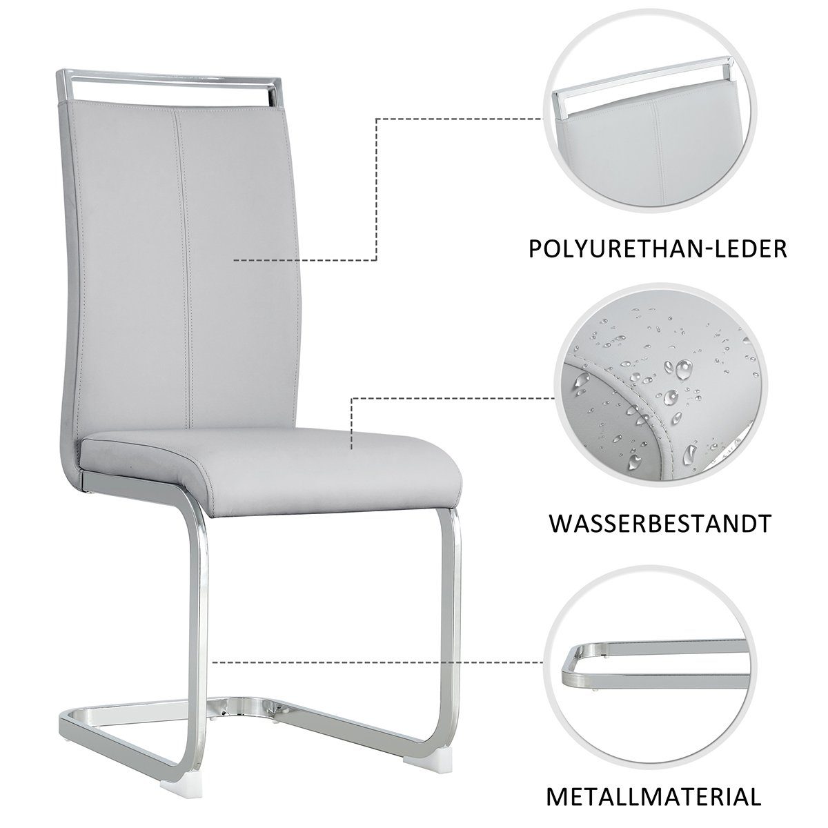 Esszimmerstühle 4 Rücklehne Stuhl, PU Side Chair Set Moderne aus XDeer Freischwinger Hellgrau Eleganter Gepolstert Kunstleder