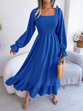 BlauWave Maxikleid Damen Viereckiger Ausschnitt Puff Langarm Rüschen Maxikleid (1-tlg) Hohe Taille A-Linie Kleider