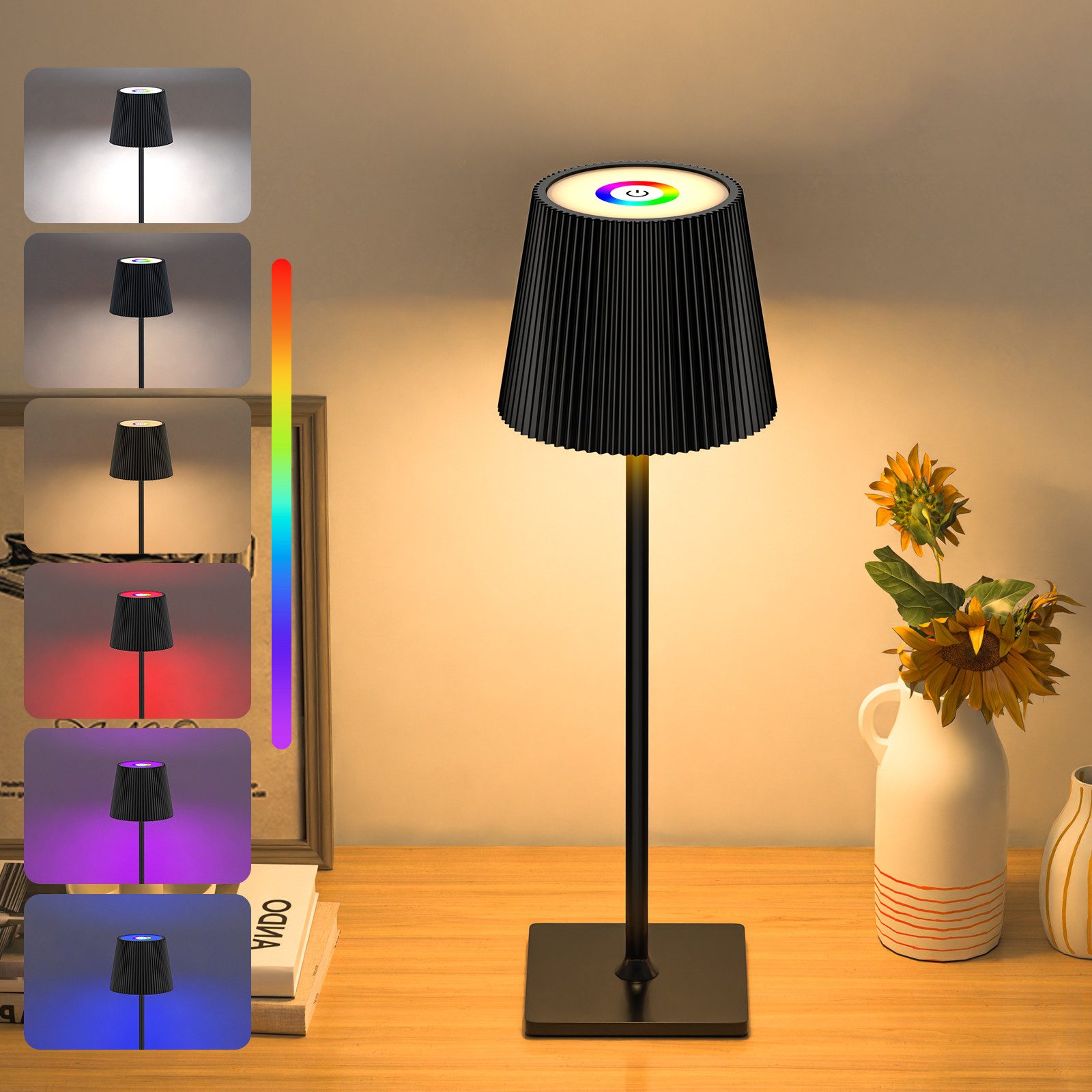 skelo LED Tischleuchte Tischlampe Kabellos Touch Dimmbar RGB 3 Farbtemperatur Nachttischlampe, Wiederaufladbare Tischlampe mit Farbwechsel, Akku Tischlampe Aufladbar, RGB & 3 Farbtemperatur, Warmlicht 3000K, Naturlicht 4000K, Kaltlicht 6500K, RGB-Lichtmodus, Höhenverstellbar (40,5 cm/26 cm), Tragbar, Dimmbar