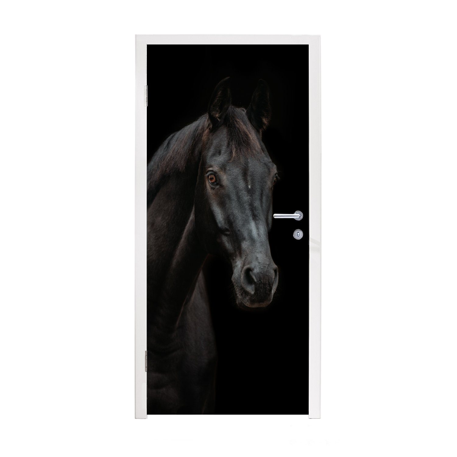 MuchoWow Türtapete Pferd - Nutztier - Schwarz, Matt, bedruckt, (1 St), Fototapete für Tür, Türaufkleber, 75x205 cm