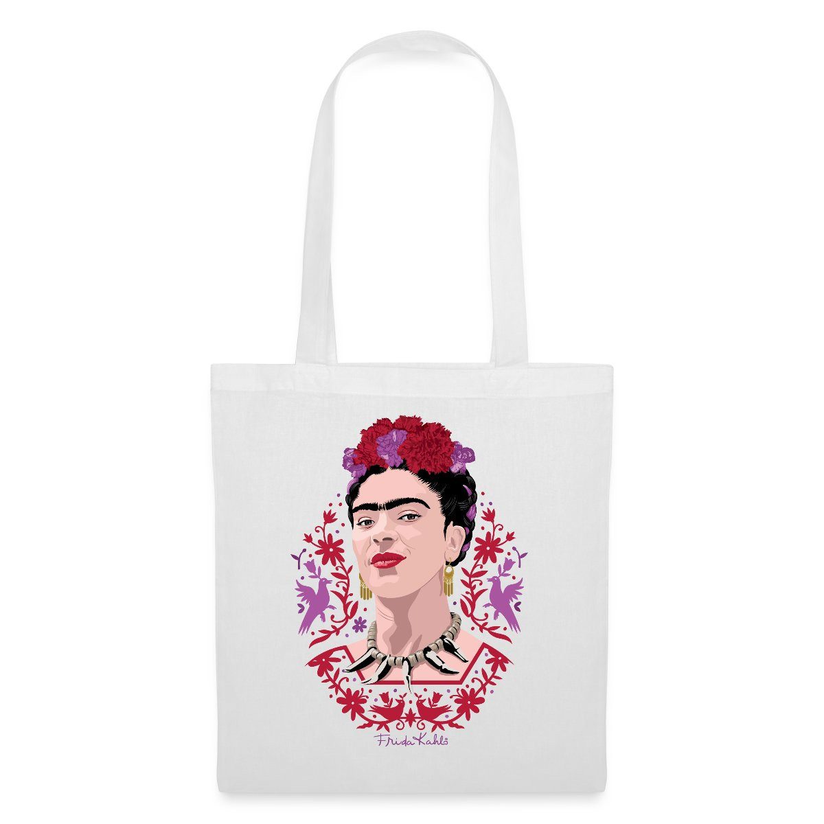 Henkeltasche Frida Kahlo Portrait Mit Blüten Lila Und Rot Stoffbeutel