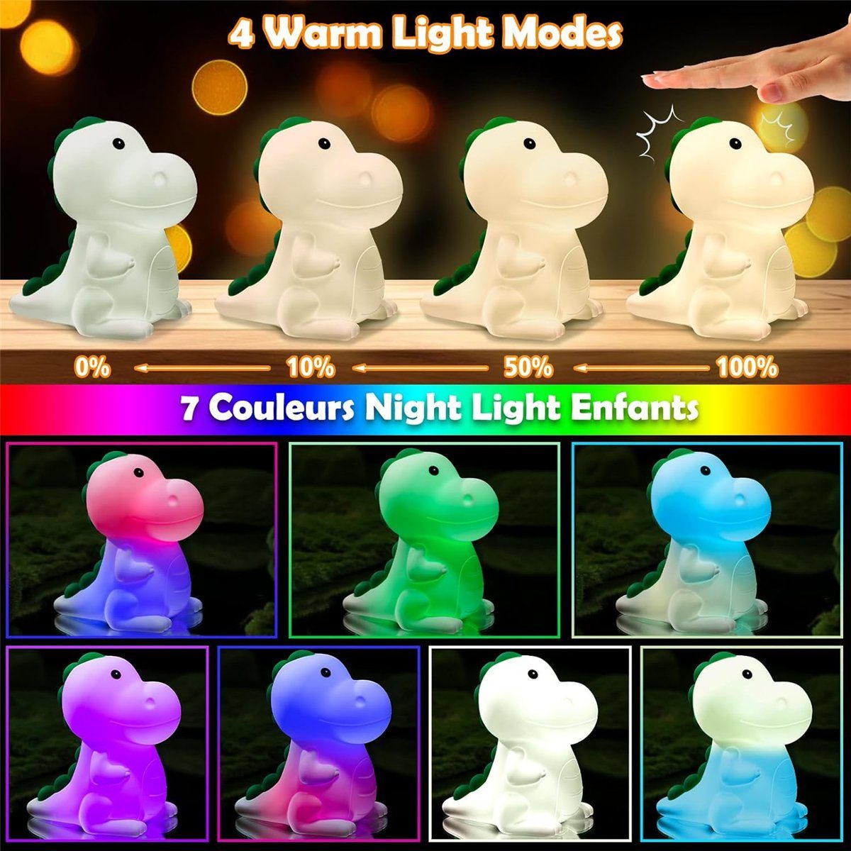 LED Dinosaurier-Pflegelampe, K&B Nachtlicht 7 Touch-Schalter-Steuerung Farben, dimmbar,