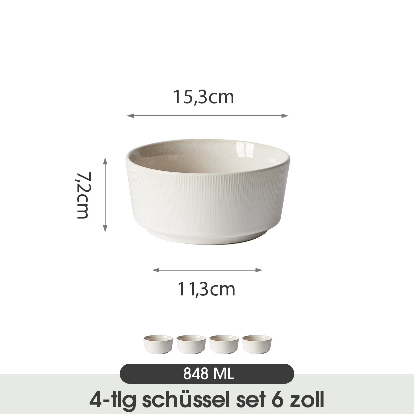 JIWOO Salatschüssel 4er Ø15,3cm, Müslischüssel Suppenschüssel Suppenschale Dessertschale, Keramik, (Set, 4-tlg), Schüssel Hochwertiges Schüsseln Weiß Mikrowellen spülmaschinenfest