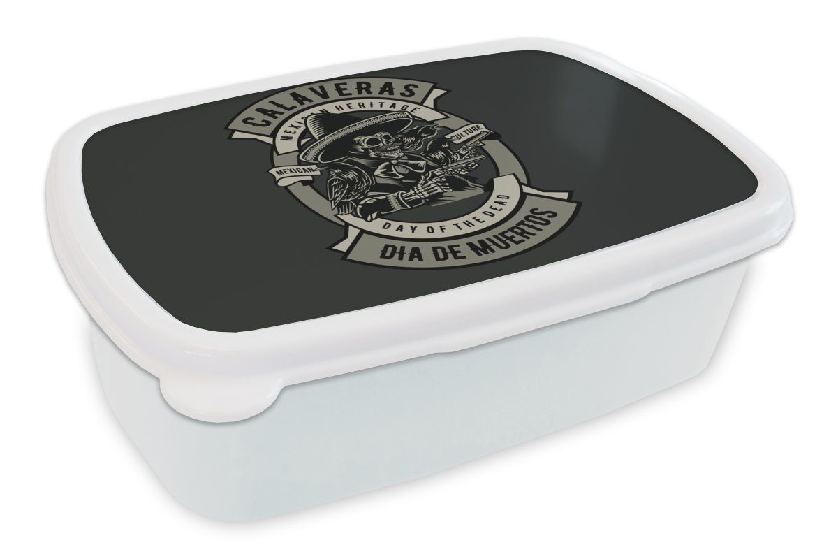 MuchoWow Lunchbox Skelett - Pistole - Retro, Kunststoff, (2-tlg), Brotbox für Kinder und Erwachsene, Brotdose, für Jungs und Mädchen weiß