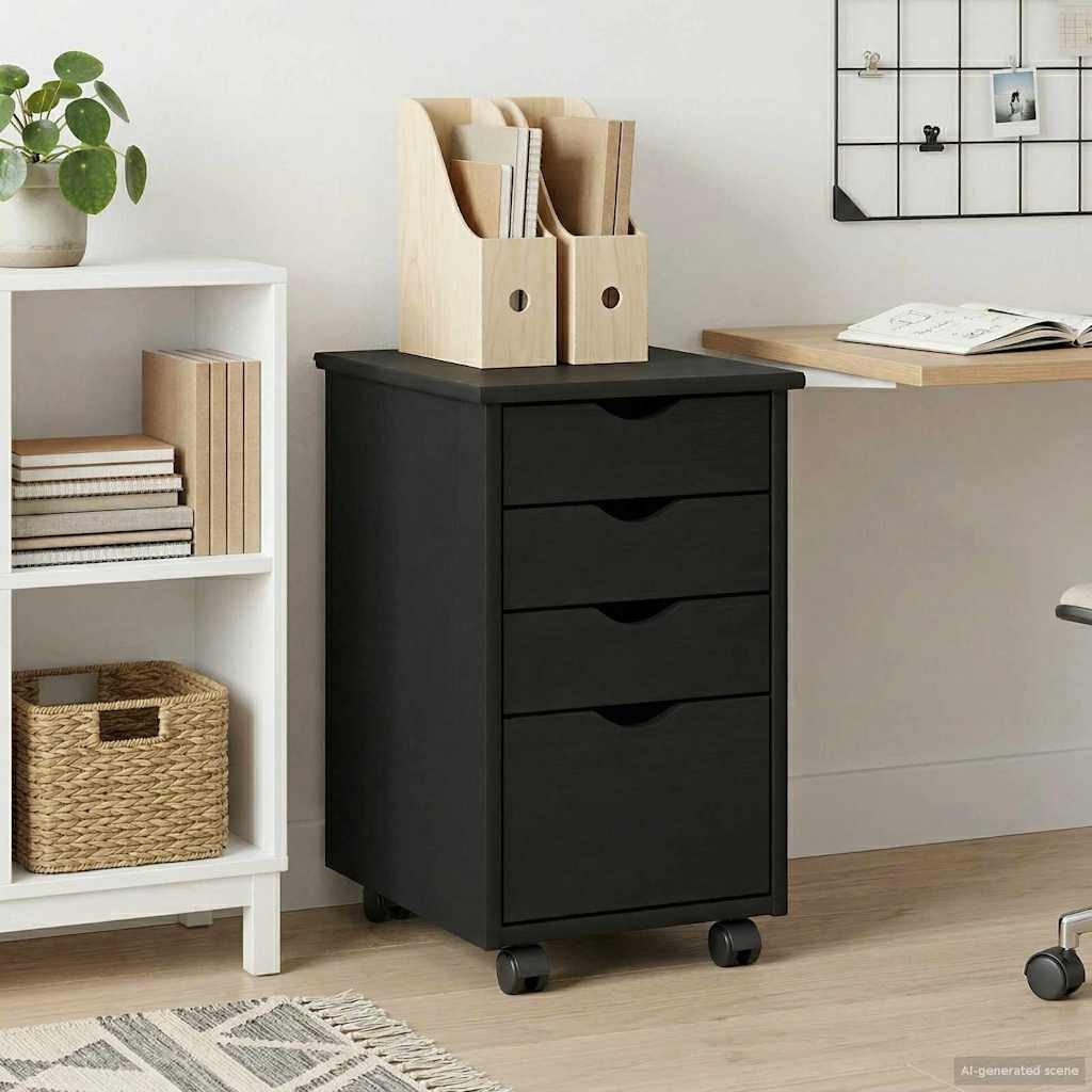 vidaXL Rollcontainer Rollschrank Schwarz 34 x 39 x 56 cm Massives Kiefernholz, (1 St)