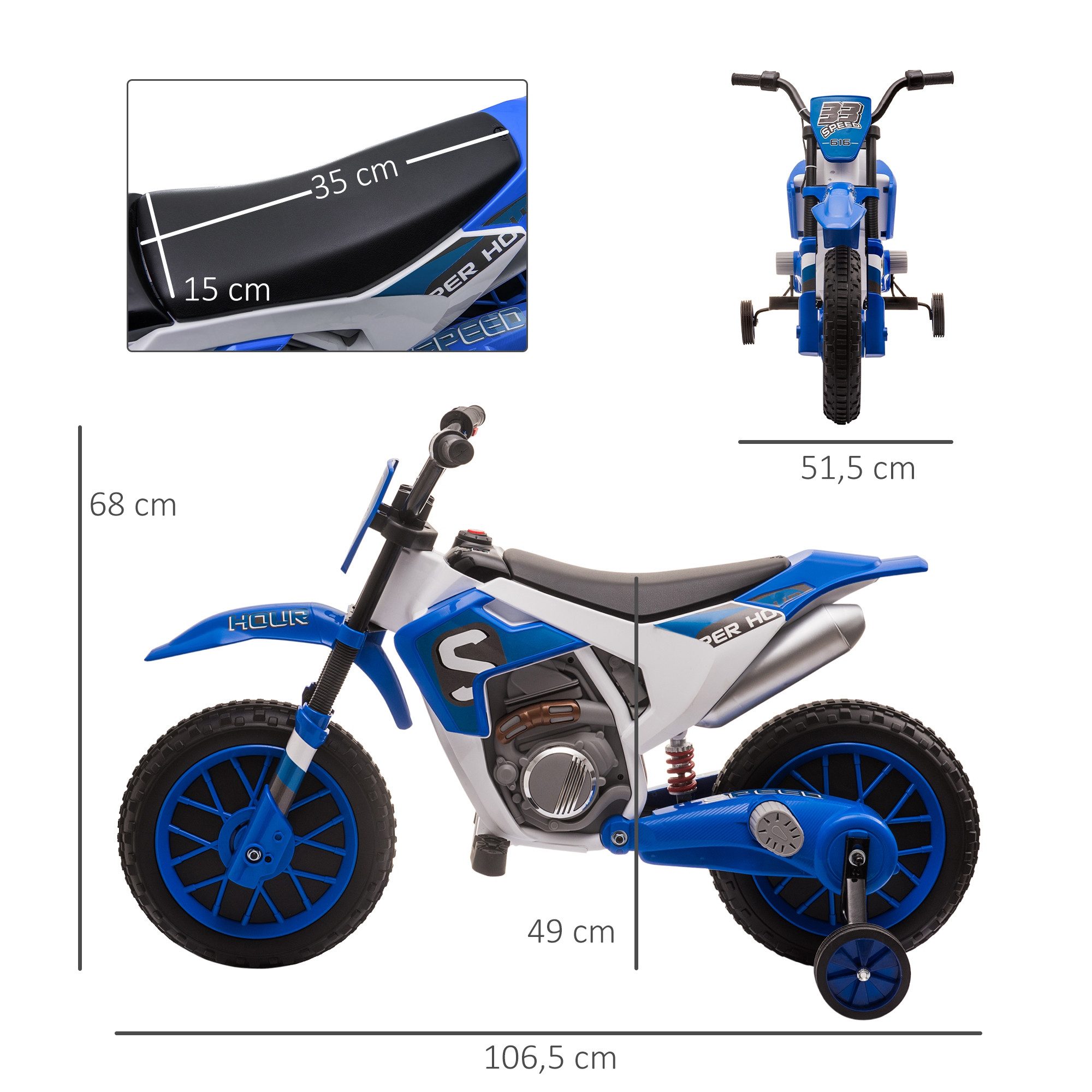 HOMCOM Elektro-Kindermotorrad Elektrofahrzeug mit 2 abnehmbaren Stützrädern ab 3 Jahre Blau+Weiß, Belastbarkeit 30 kg, (1-tlg), 106.5L x 51.5B x 68H cm