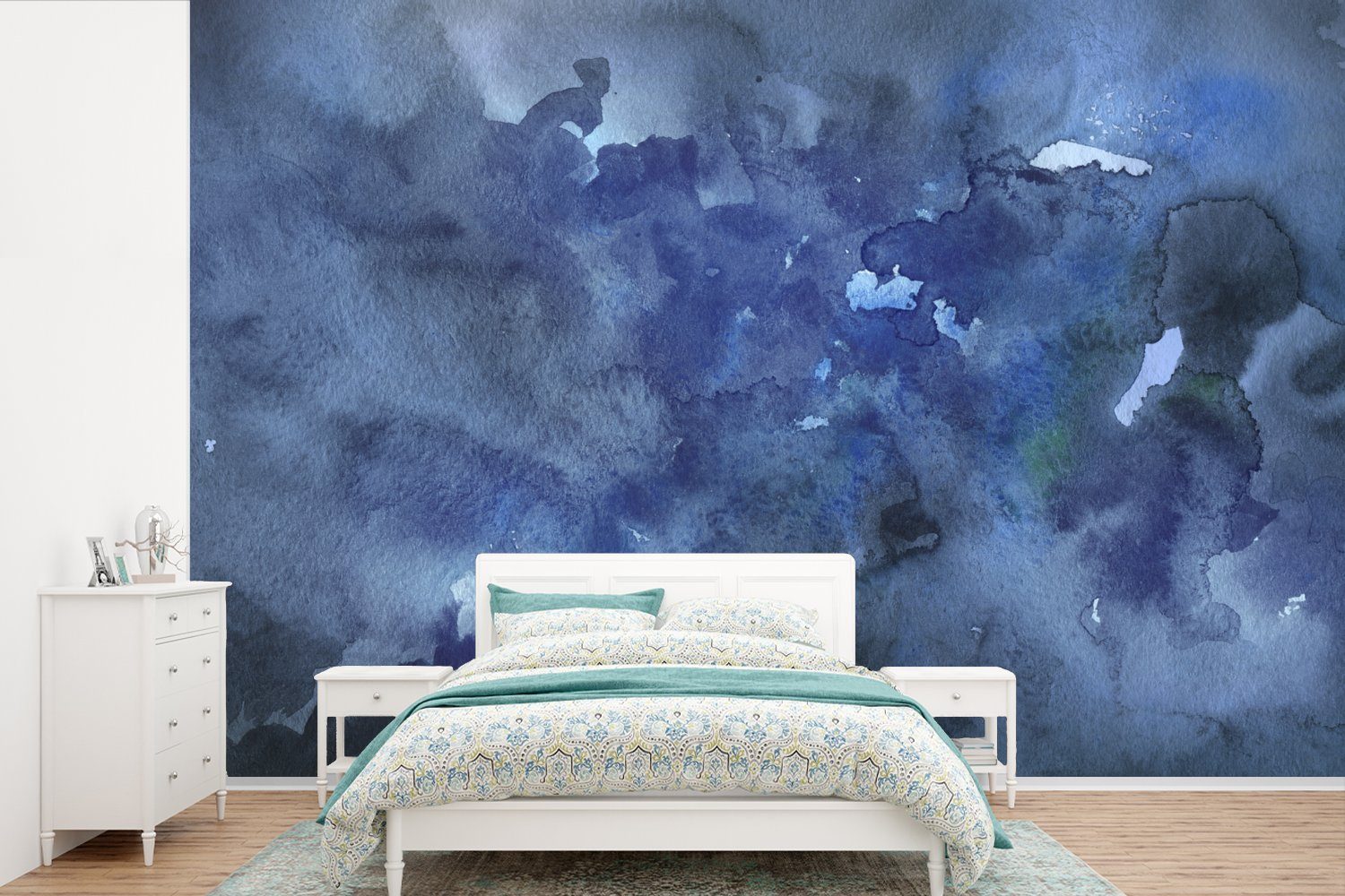 MuchoWow Fototapete Aquarell - Himmel - Blau - Grau, Matt, bedruckt, (6 St), Wallpaper für Wohnzimmer, Schlafzimmer, Kinderzimmer, Vinyl Tapete