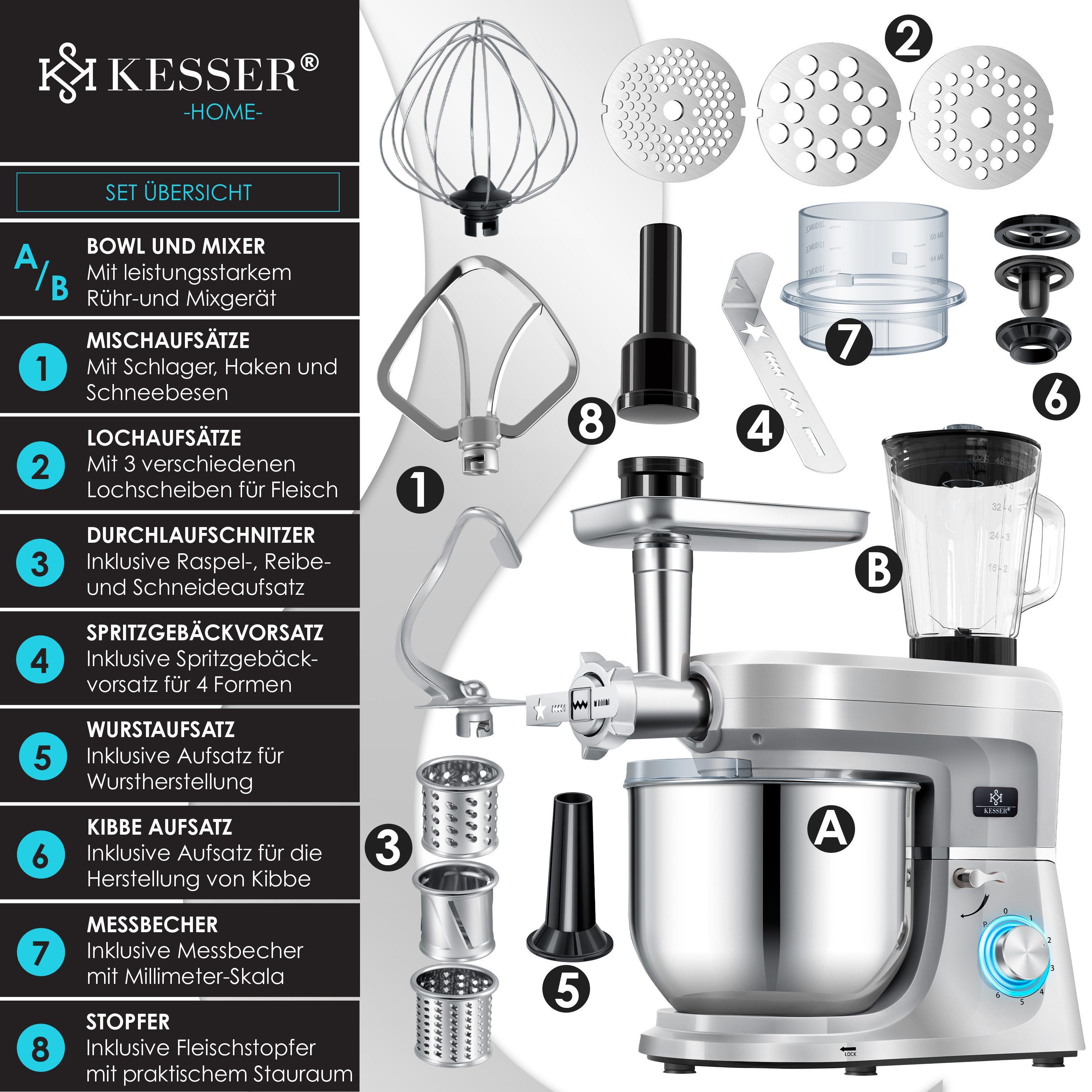 KESSER Küchenmaschine, Universal Küchenmaschine K-KM 3000 mit Fleischwolf Knetmaschine 5,5L