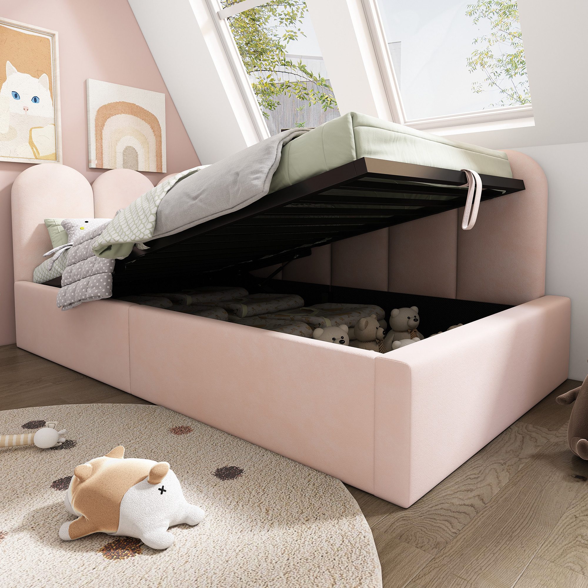 Celya Polsterbett Daybett 90x200 cm,Tagesbett Schlafsofa mit hydraulischem Stauraum (ohne Matratze), Kinderbett mit Metall-Lattenrost, Samt, Rosa