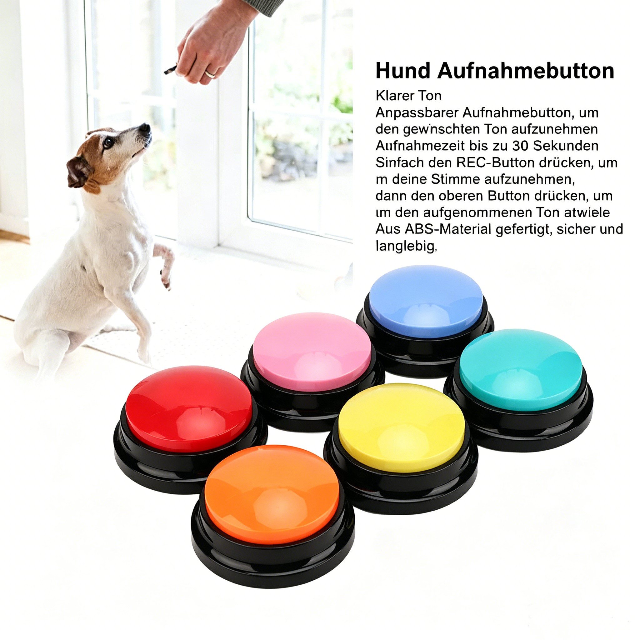 Mechright Lernspielzeug 6er-Set Buzzer für Hundetraining & Kommunikation, ohne Batterie (Set), Sprechende Knöpfe für Hunde & Katzen, 30s Aufnahmezeit