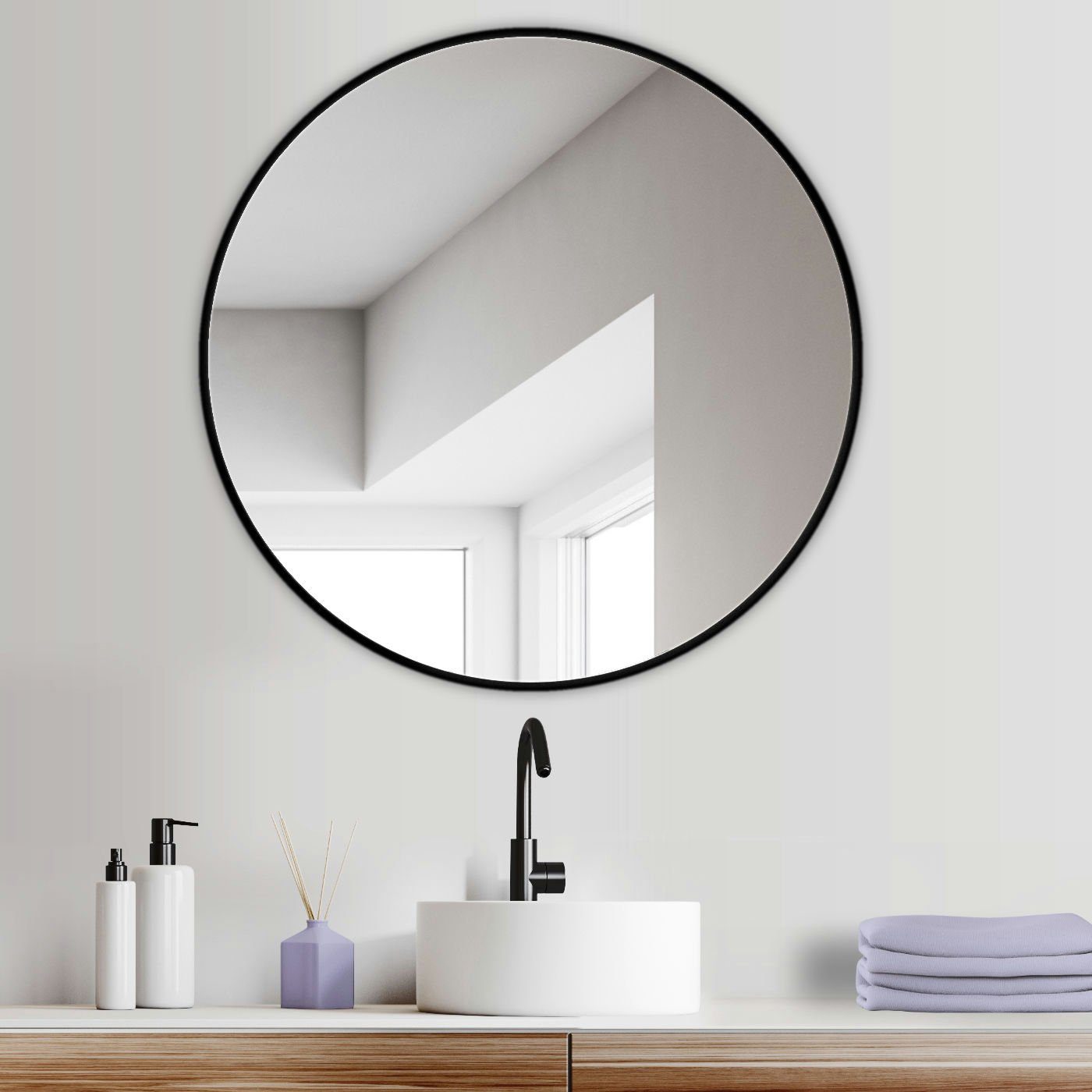 HOKO Dekospiegel Rund 60cm/80cm Design Modern Wandspiegel (skandinavischen Design Badezimmerspiegel, Flurspiegel, Kosmetikspiegel, Schminkspiegel. 4mm Glass. mit Aluminium-Wandhalterung und Rahmen)