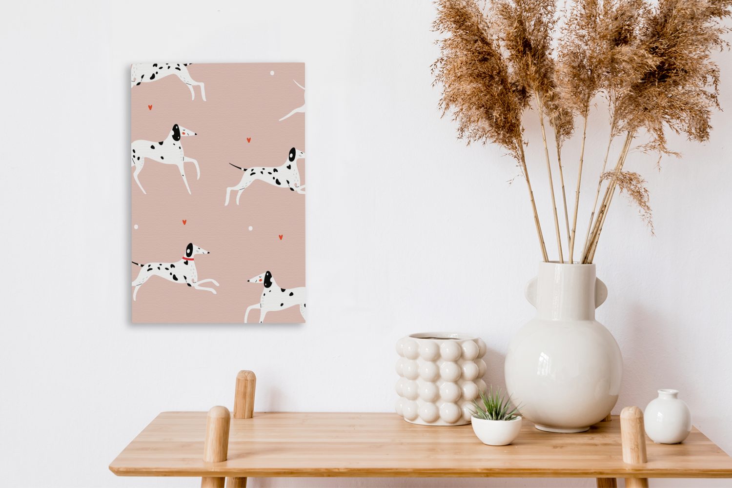 OneMillionCanvasses® Leinwandbild Doggy laufenden Zackenaufhänger, 20x30 cm einem Leinwandbild inkl. fertig bespannt Dalmatiner St), Hintergrund, auf mit Illustration Gemälde, rosa (1