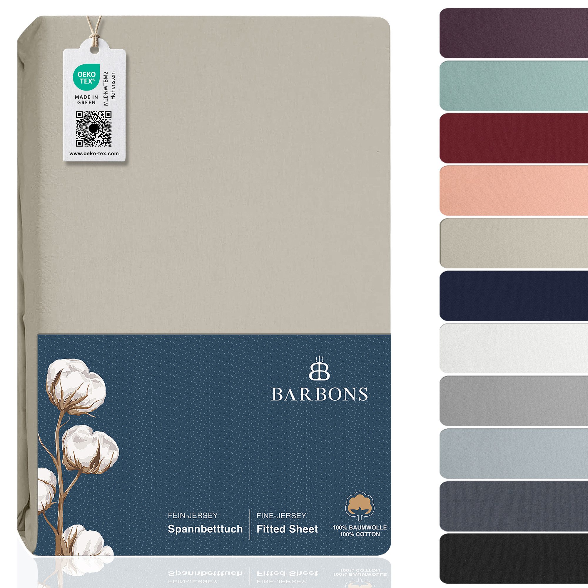 BARBONS Spannbettlaken Jersey Bettlaken, 145 g/m² Spannbetttuch, bis zu 25cm Höhe, Topper, Jersey aus 100% Baumwolle, Gummizug: rundum, (1 Stück), Rundumgummi, Atmungsaktiv