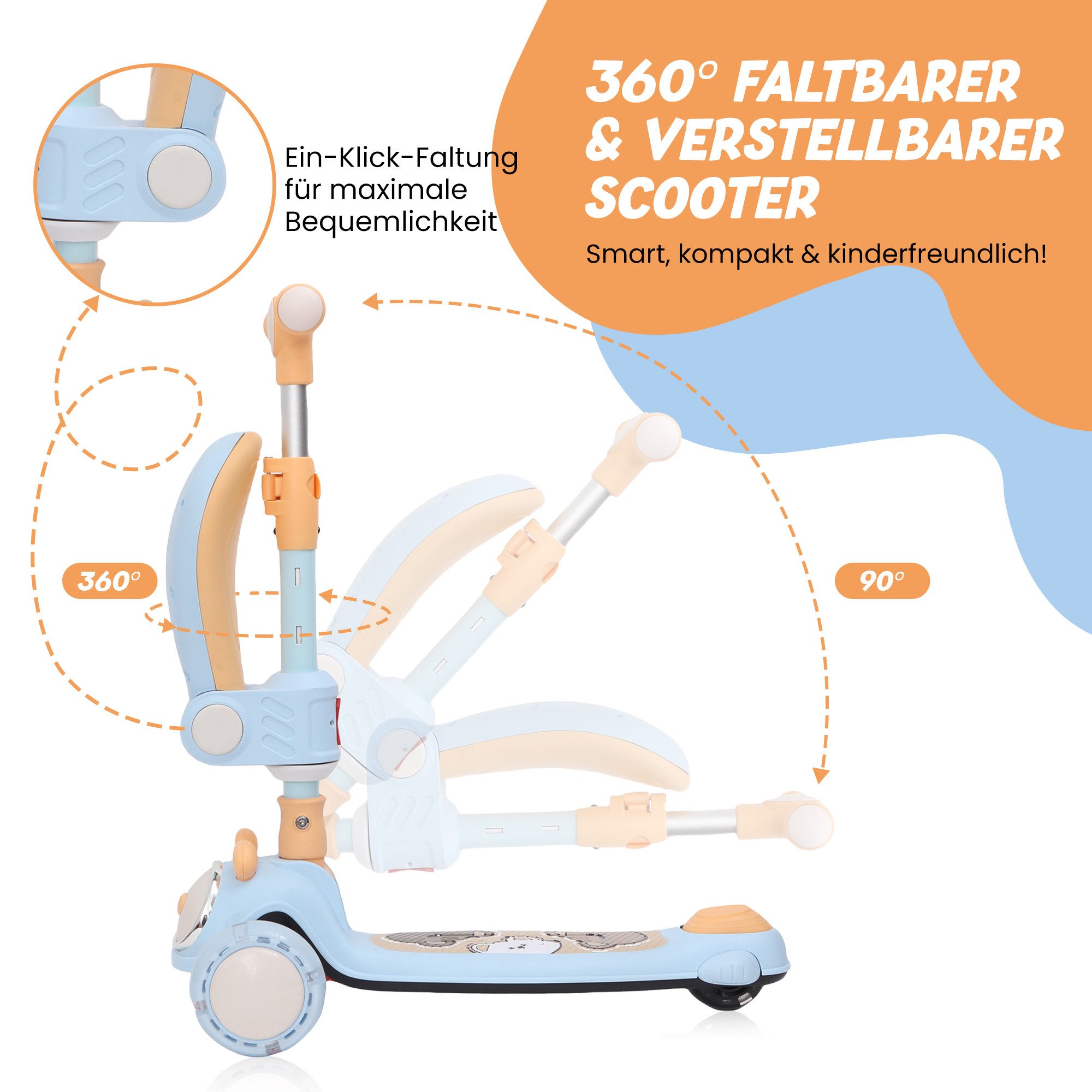 Habib Gruppe Sitzscooter Kinderroller ab 2 Jahre 3in1 mit umklappbarem Sitz und LED-Rädern, LED-Räder, umklappbarer Sitz, klappbar, Lenker höhenverstellbar – Bild 4 von 5