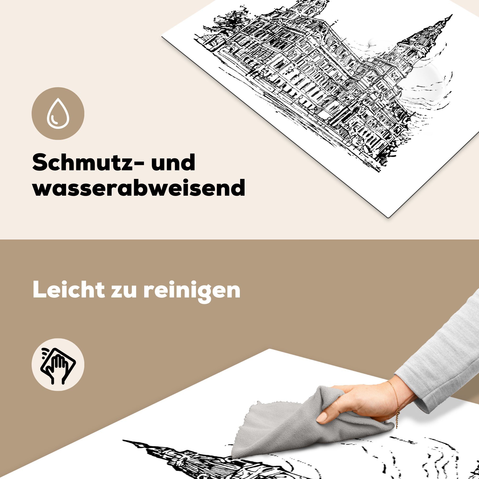 Vinyl, MuchoWow Herdblende-/Abdeckplatte Illustration tlg), Gebäudes eines in Ceranfeldabdeckung Eine Arbeitsfläche Mobile (1 schwarz-weiße 70x52 nutzbar, Stadt, der cm,