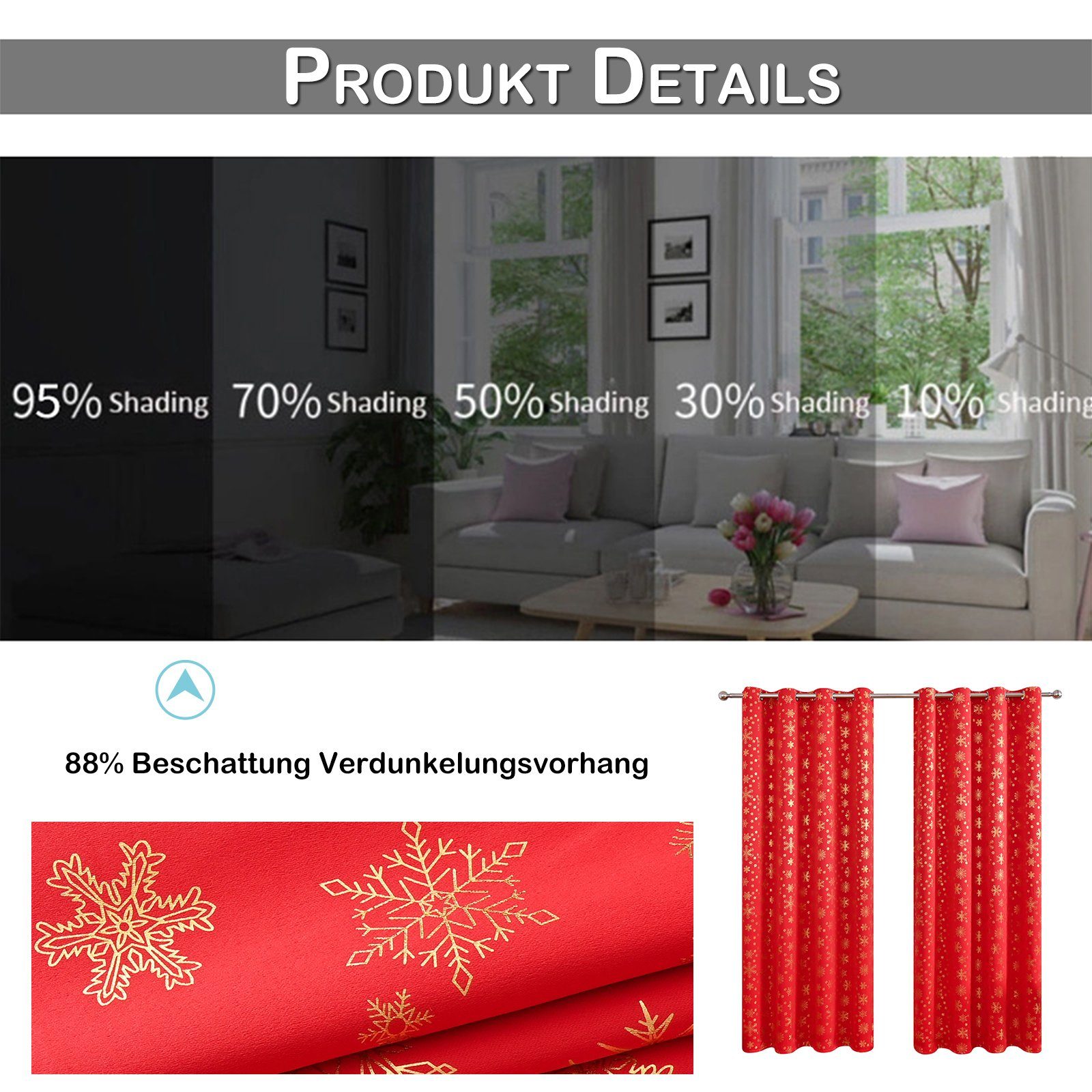 Scheibengardine Weihnachten Fenster Schneeflocke, Sunicol, Goldprägung Vorhang, St) (1 Verdunkelung