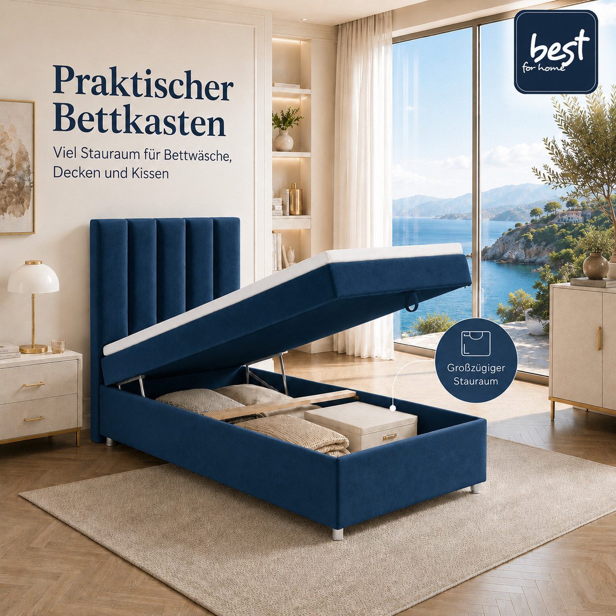 Best for Home Boxspringbett Trinity K10 SINGLE mit Bettkasten & Bonellfederkern, Komfort Topper H3 (Einzelbett, Polsterbett gepolstertes Kopfteil, Jugendbett, Kinderbett versch. Größen, 1-St., 70x200 80x200 90x200 100x200 cm), Stauraum unter dem Bett; Ergonomischer Schlafkomfort; Massivholzrahmen