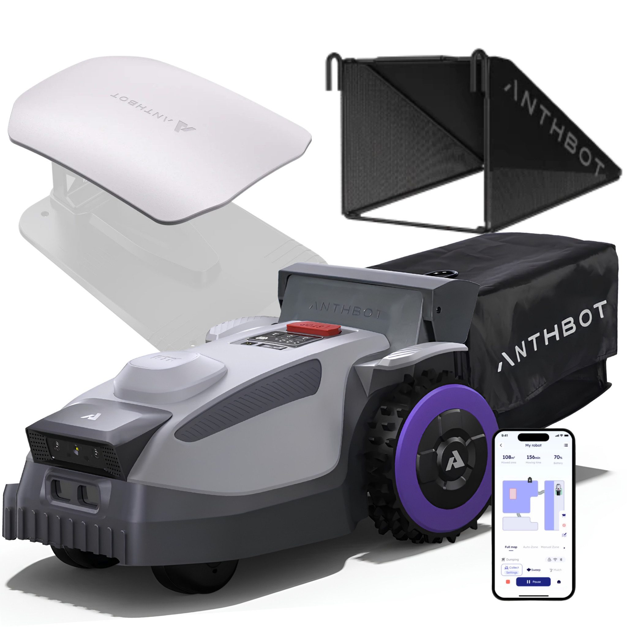 ANTHBOT Rasenmähroboter N8 Serie ohne Begrenzungskabel, 4-in-1, 23L Fangkorb, Auto-Entleerung, bis 1500 m² Rasenfläche, (Mähen, Mulchen, Grasschnitt sammeln & trockenes Herbstlaub aufnehmen, Full-Band-RTK + Dual-Kamera AI + KI-Hinderniserkennung), Auto-La