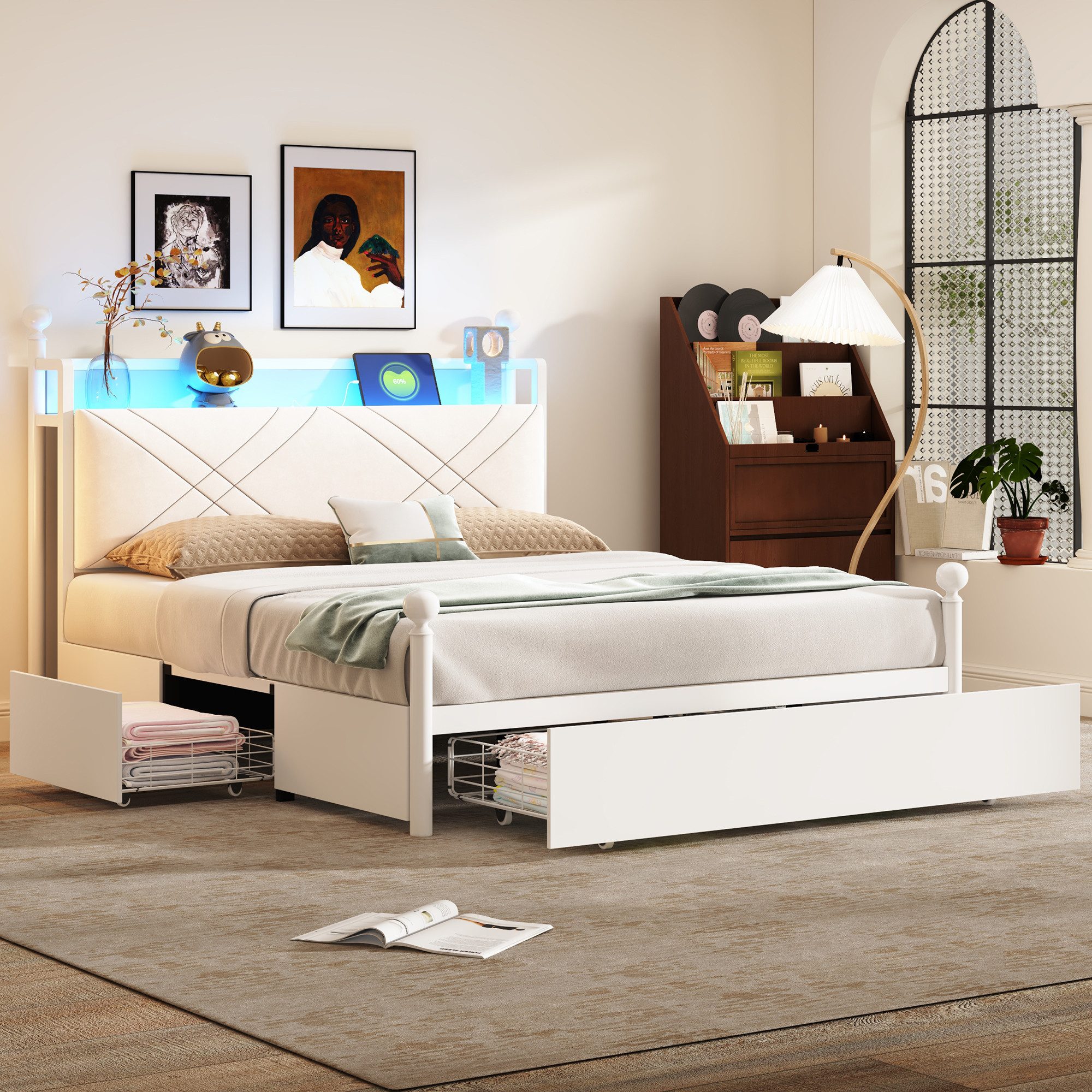 Flieks Himmelbett, Stauraumbett Metallbett 140x190cm mit 3 Schubladen, LED und USB/Typ-C