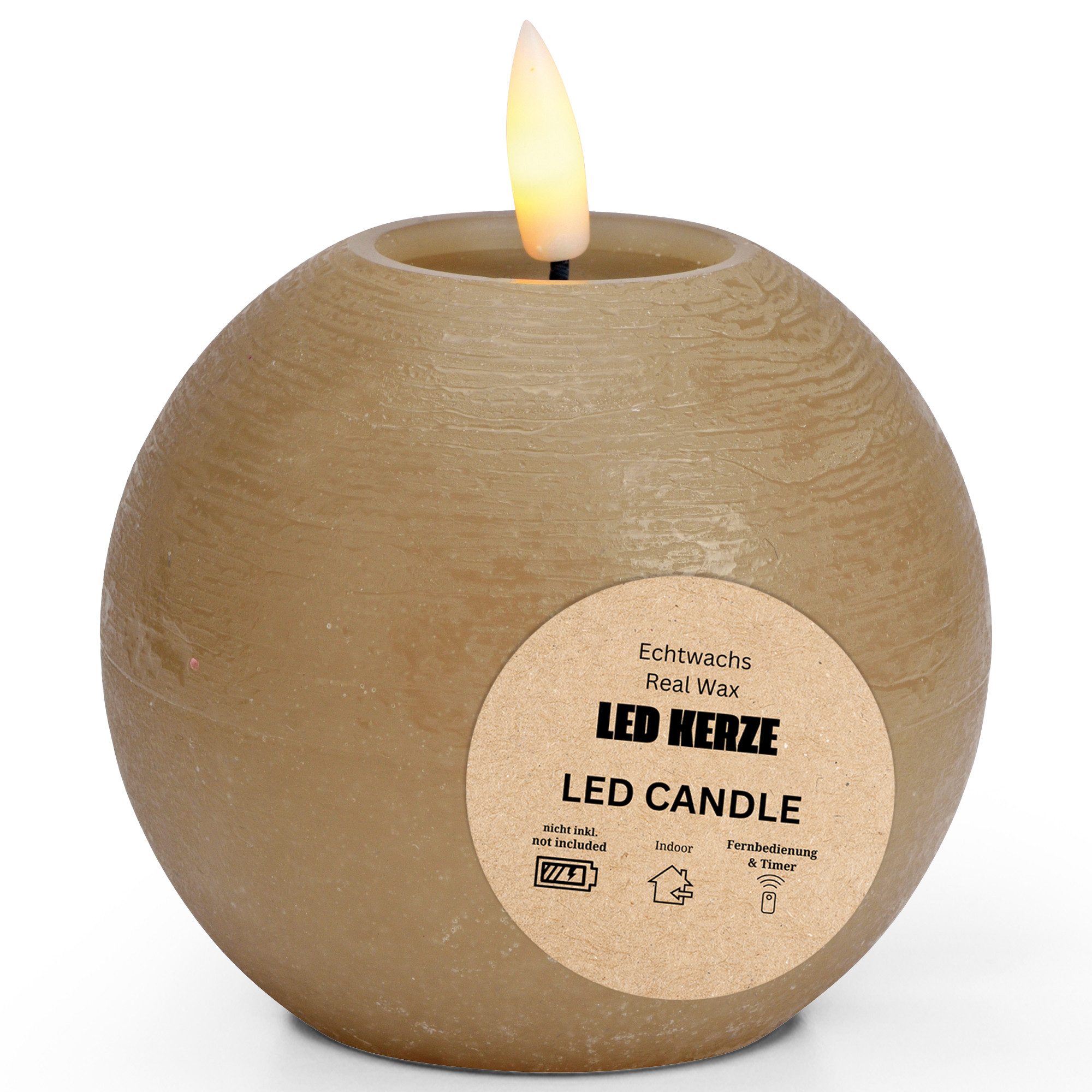 matches21 HOME & HOBBY Tafelkerze LED Kerze Kugel Wachs, Flackernde Flamme, Ø 7x18 cm, Beige (1-tlg), Mit beweglicher Flamme & Timer für Adventskranz